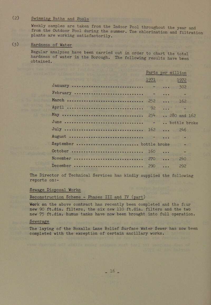 (2) Swimming Baths and Pools Weekly samples are taken from the Indoor Pool throughout the year and from the Outdoor Pool during the summer. The chlorination and filtration plants are working satisfactorily. (3) Hardness of Water Regular analyses have been carried out in order to chart the total hardness of water in the Borough. The following results have been obtained. Parts per million 1971 1972 January _ ... 302 February March 252 ... 162 April 92 May 254 .. 280 and 162 Ju*16 - .. bottle broke July 162 ... 246 August September bottle broke October 160 November 270 240 December 290 292 The Director of Technical Services has kindly supplied the following reports on:- Sewage Disposal Works Reconstruction Scheme - Phases III and IV (part) Work on the above contract has recently been completed and the fcur new 90 ft.dia. filters, the six new 110 ft.dia. filters and the two new 75 ft.dia. humus tanks have now been brought into full operation. Sewerage The laying of the Boxalls Lane Relief Surface Water Sewer has now been completed with the exception of certain ancillary works.