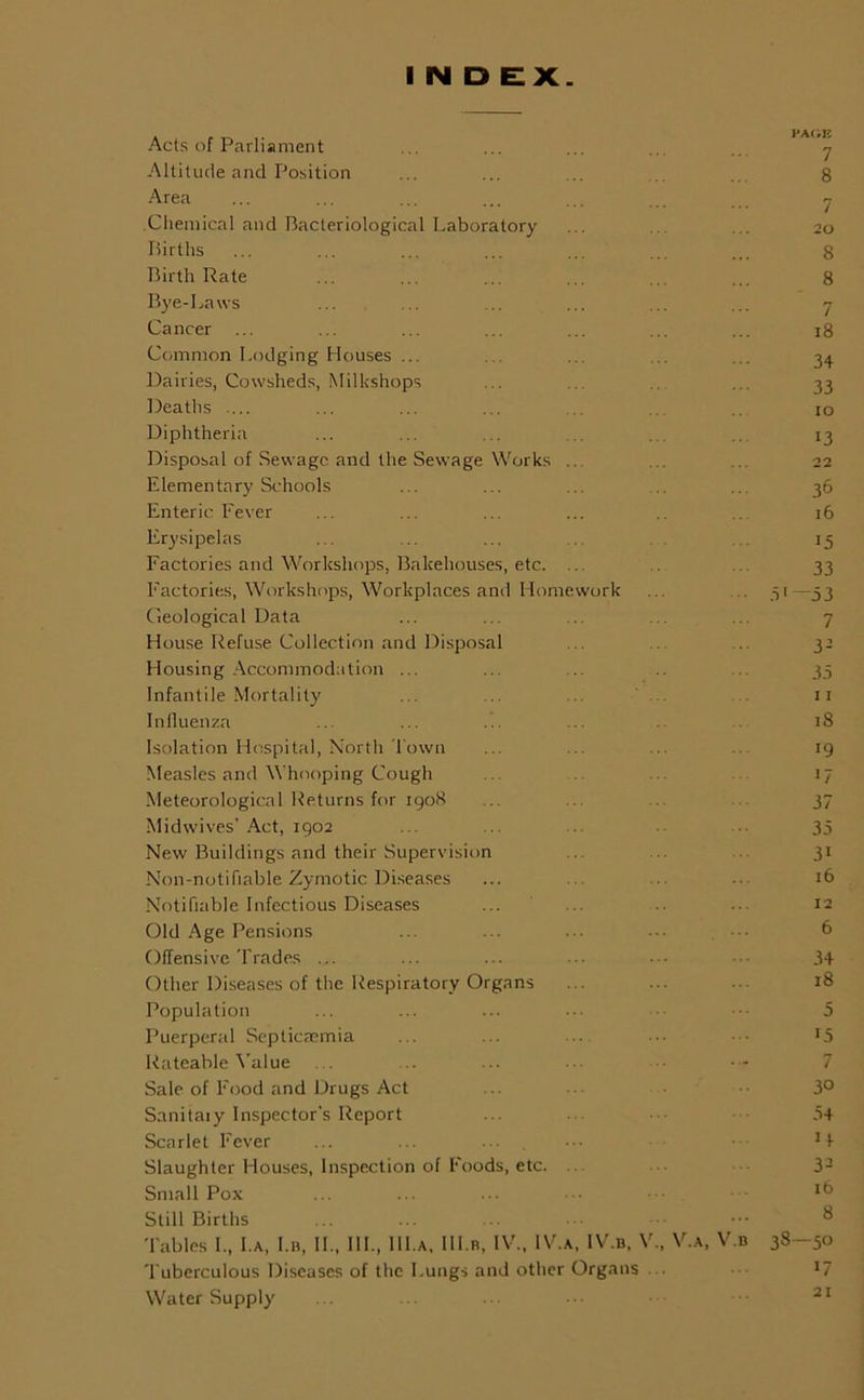 INDEX. A - rni Acts of Parliament ... ... ... y Altitude and Position ... ... .. 8 Area ... ... ... ... ... ... ... - Chemical and Bacteriological Laboratory ... ., ... 20 Births ... ... ... ... ... ... ... 8 Birth Rate ... ... ... ... ... ... 8 Bye-Laws ... .. .. ... ... ... 7 Cancer ... ... ... ... ... ... ... 18 Common Lodging Houses ... ... ... .. ... 34 Dairies, Cowsheds, Milkshops ... ... ... ... 33 Deaths ... ... ... ... ... . 10 Diphtheria ... ... ... .. . .. 13 Disposal of Sewage and the Sewage Works .. . . .. 22 Elementary Schools ... ... ... .. .. 36 Enteric Fever ... ... ... ... .. ... 16 Erysipelas ... ... ... .. . 15 Factories and Workshops, Bakehouses, etc. .. ... 33 Factories, Workshops, Workplaces and Homework ... . 31—33 Geological Data ... ... ... ... ... 7 House Refuse. Collection and Disposal ... ... ... 32 Housing Accommodation ... ... ... .. ... 35 Infantile Mortality ... ... ... 11 Influenza ... ... ... 18 Isolation Hospital, North Town ... ... ... ... 19 Measles and Whooping Cough .. 17 Meteorological Returns for 1908 ... ... 37 Midwives’Act, 1902 ... ... 35 New Buildings and their Supervision 31 Non-notifiable Zymotic Diseases ... ... ... 16 Notifiable Infectious Diseases ... ... .. ... 12 Old Age Pensions ... ... ... ••• 6 Offensive Trades ... ... ... ... 34 Other Diseases of the Respiratory Organs ... ... 18 Population ... ... ... ••• 5 Puerperal Septicaemia ... ... .. r5 Rateable Value ... .. ... ... •- 7 Sale of Food and Drugs Act ... ... • 3° Sanitaiy Inspector's Report ... 34 Scarlet Fever ... ... ••• • H Slaughter Houses, Inspection of Foods, etc. ... ••• 3- Small Pox ... ... ... ••• 1(5 Still Births Tables L, I.a, I.b, IF, III., III.a, III.b, IV., IV.a, IV.b, V., V.a, V.d 38—50 Tuberculous Diseases of the Lungs and other Organs ... • Water Supply 21