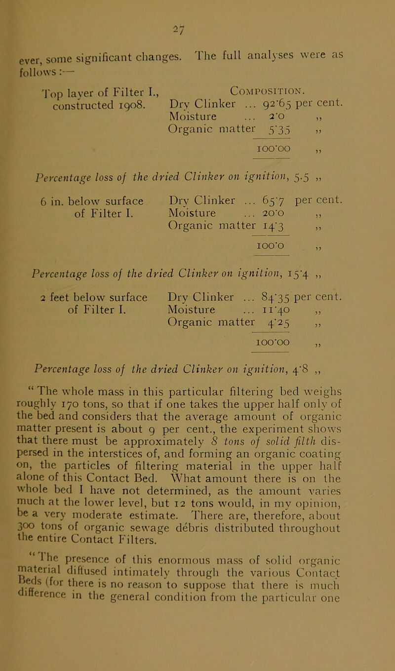 ever, some significant changes. The full analyses were as follows:— Top layer of Filter I., Composition. constructed 1908. Dry Clinker ... 92'65 per cent. Moisture ... 2-o ,, Organic matter 5'35 ,, ioo’oo ,, Percentage loss of the dried Clinker on ignition, 5.5 ,, 6 in. below surface Dry Clinker ... 65'7 percent, of Filter I. Moisture ... 20’0 ,, Organic matter 14/3 ,, ioo'o ,, Percentage loss of the dried Clinker on ignition, I5'4 ,, 2 feet below surface Dry Clinker ... S4’35 per cent, of Filter I. Moisture ... n'40 ,, Organic matter 4^25 ,, IOO'OO ,, Percentage loss of the dried Clinker on ignition, 4'8 ,, “The whole mass in this particular filtering bed weighs roughly 170 tons, so that if one takes the upper half only of the bed and considers that the average amount of organic matter present is about 9 per cent., the experiment shows that there must be approximately 8 tons of solid filth dis- persed in the interstices of, and forming an organic coating on, the particles of filtering material in the upper half alone of this Contact Bed. What amount there is on the whole bed I have not determined, as the amount varies much at the lower level, but 12 tons would, in my opinion, be a very moderate estimate. There are, therefore, about 300 tons of organic sewage debris distributed throughout the entire Contact Filters. 1 he presence of this enormous mass of solid organic material diffused intimately through the various Contact eds (for there is no reason to suppose that there is much merence in the general condition from the particular one
