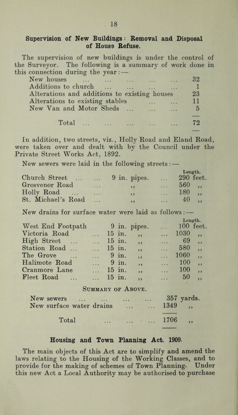Supervision of New Buildings: Removal and Disposal of House Refuse. The supervision of new buildings is under the control of the Surveyor. The following is a summary of work done in this connection during the year; — New houses ... ... ... ... ... 32 Additions to church ... ... ... ... 1 Alterations and additions to existing houses 23 Alterations to existing stables ... ... 11 New Van and Motor Sheds ... ... ... 5 Total 72 In addition, two streets, viz.. Holly Road and Eland Road, were taken over and dealt with by the Council under the Private Street Works Act, 1892. New sewers were laid in the following streets: — Length. Church Street 9 in. pipes. 290 feet. Grosvenor Road ... 560 „ Holly Road ... 180 „ St. Michael’s Road 40 „ New drains for surface water were laid as follows: — Length. West End Footpath 9 in. pipes. lOO feet. Victoria Road 15 in. ,, ... 1030 „ High Street 15 in. ,, 69 „ Station Road ... 15 in. ,, ... 580 ,, The Grove 9 in. ... 1060 ,, Halimote Road 9 in. ,, 100 „ Cranmore Lane 15 in. ,, ... 100 „ Fleet Road 15 in. ,, 50 „ Summary of Above. New sewers 357 yards. New surface water drains .. 1349 Total .. 1706 ,, Housing and Town Planning Act, 1909. The main objects of this Act are to simplify and amend the laws relating to the Housing of the Working Classes, and to provide for the making of schemes of Town Planning. Under this new Act a Local Authority may be authorised to purchase