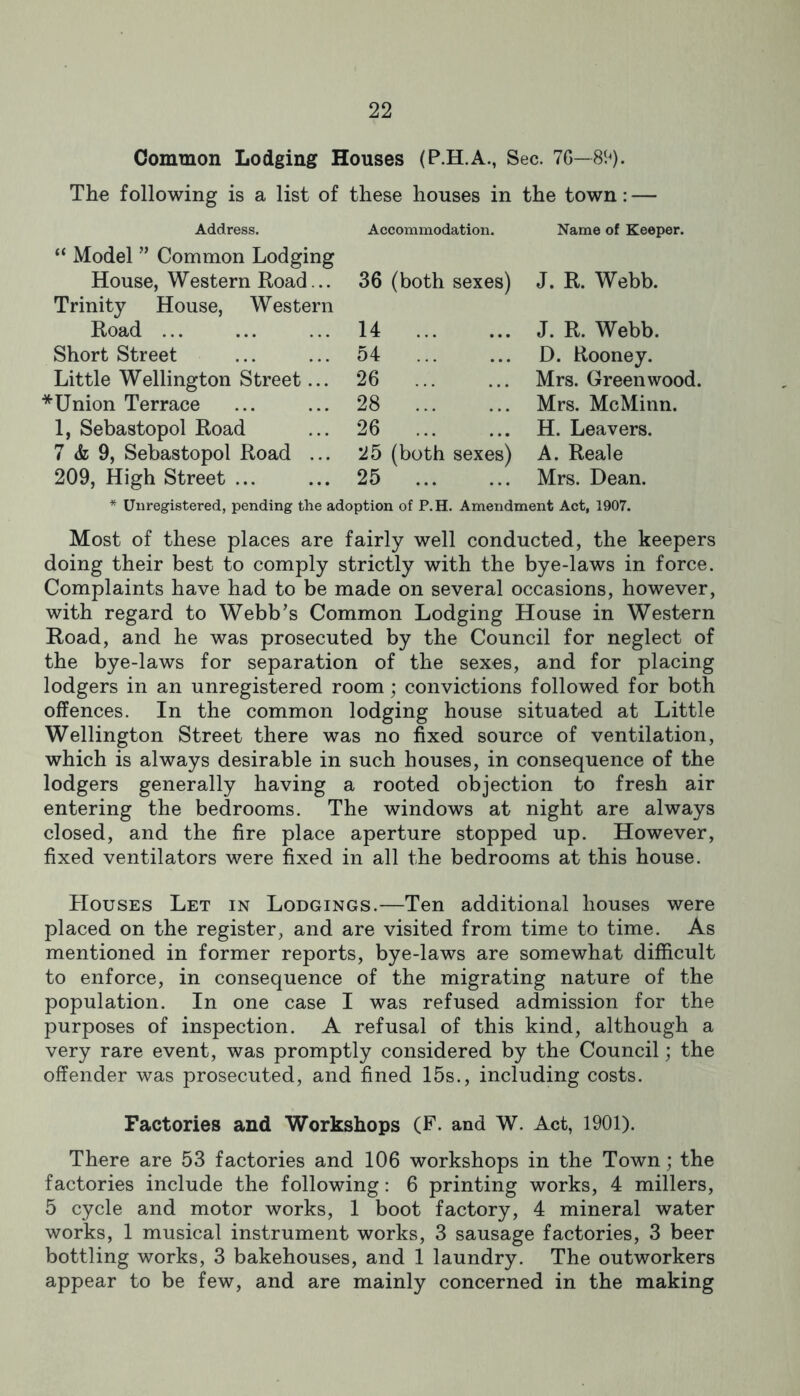 Common Lodging Houses (P.H.A., Sec. 7G—81^). The following is a list of these houses in the town: — Address. “ Model ” Common Lodging House, Western Road... Trinity House, Western Road ... Short Street Little Wellington Street... * Union Terrace 1, Sebastopol Road 7 & 9, Sebastopol Road ... 209, High Street ... Accommodation. Name of Keeper. 36 (both sexes) J. R. Webb. J. R. Webb. D. Rooney. Mrs. Greenwood. Mrs. McMinn. H. Leavers. A. Reale Mrs. Dean. 14 54 26 28 26 25 (both sexes) 25 * Unregistered, pending the adoption of P.H. Amendment Act, 1907. Most of these places are fairly well conducted, the keepers doing their best to comply strictly with the bye-laws in force. Complaints have had to be made on several occasions, however, with regard to Webb’s Common Lodging House in Western Road, and he was prosecuted by the Council for neglect of the bye-laws for separation of the sexes, and for placing lodgers in an unregistered room; convictions followed for both offences. In the common lodging house situated at Little Wellington Street there was no fixed source of ventilation, which is always desirable in such houses, in consequence of the lodgers generally having a rooted objection to fresh air entering the bedrooms. The windows at night are always closed, and the fire place aperture stopped up. However, fixed ventilators were fixed in all the bedrooms at this house. Houses Let in Lodgings.—Ten additional houses were placed on the register, and are visited from time to time. As mentioned in former reports, bye-laws are somewhat difficult to enforce, in consequence of the migrating nature of the population. In one case I was refused admission for the purposes of inspection. A refusal of this kind, although a very rare event, was promptly considered by the Council; the offender was prosecuted, and fined 15s., including costs. Factories and Workshops (F. and W. Act, 1901). There are 53 factories and 106 workshops in the Town; the factories include the following: 6 printing works, 4 millers, 5 cycle and motor works, 1 boot factory, 4 mineral water works, 1 musical instrument works, 3 sausage factories, 3 beer bottling works, 3 bakehouses, and 1 laundry. The outworkers appear to be few, and are mainly concerned in the making
