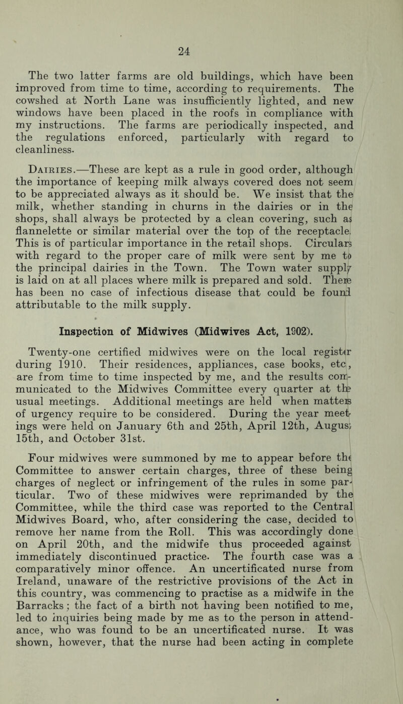 The two latter farms are old buildings, which have been improved from time to time, according to requirements. The cowshed at North Lane w^as insufficiently lighted, and new windows have been placed in the roofs in compliance with my instructions. The farms are periodically inspected, and the regulations enforced, particularly with regard to cleanliness. Dairies.—These are kept as a rule in good order, although the importance of keeping milk always covered does not seem to be appreciated always as it should be. We insist that the milk, whether standing in churns in the dairies or in the shops, shall always be protected by a clean covering, such as flannelette or similar material over the top of the receptacle, This is of particular importance in the retail shops. Circulars with regard to the proper care of milk were sent by me to the principal dairies in the Town. The Town water supply is laid on at all places where milk is prepared and sold. There has been no case of infectious disease that could be found attributable to the milk supply. Inspection of Midwives (Midwives Act, 1902). Twenty-one certified midwives were on the local regist«r during 1910. Their residences, appliances, case books, etc, are from time to time inspected by me, and the results com- municated to the Midwives Committee every quarter at tin usual meetings. Additional meetings are held when matteB of urgency require to be considered. During the year meet- ings were held on January 6th and 25th, April 12th, August 15th, and October 31st. Four midwives were summoned by me to appear before th( Committee to answer certain charges, three of these being charges of neglect or infringement of the rules in some par- ticular. Two of these midwives were reprimanded by the Committee, while the third case was reported to the Central Midwives Board, who, after considering the case, decided to remove her name from the Roll. This was accordingly done on April 20th, and the midwife thus proceeded against immediately discontinued practice. The fourth case was a comparatively minor offence. An uncertiflcated nurse from Ireland, unaware of the restrictive provisions of the Act in this country, was commencing to practise as a midwife in the Barracks; the fact of a birth not having been notified to me, led to inquiries being made by me as to the person in attend- ance, who was found to be an uncertiflcated nurse. It was shown, however, that the nurse had been acting in complete