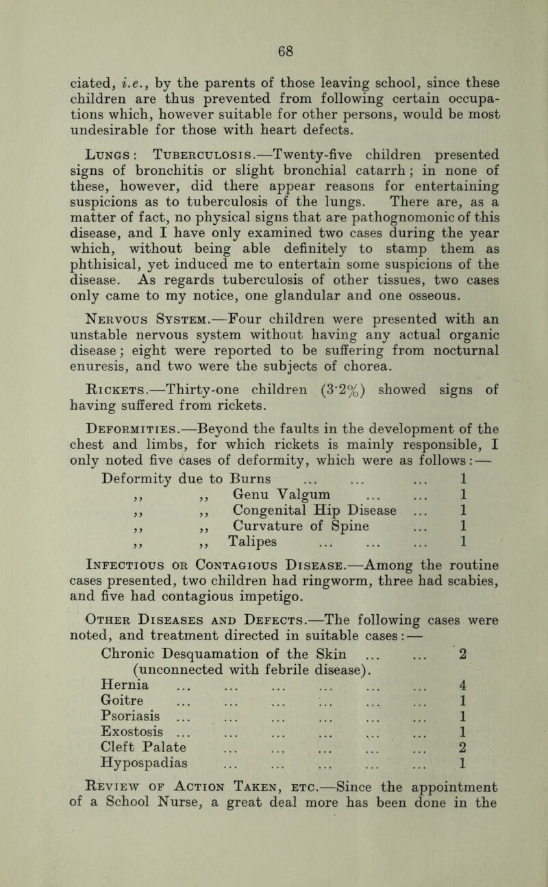 ciated, i.e., by the parents of those leaving school, since these children are thus prevented from following certain occupa- tions which, however suitable for other persons, would be most undesirable for those with heart defects. Lungs: Tuberculosis.—Twenty-five children presented signs of bronchitis or slight bronchial catarrh; in none of these, however, did there appear reasons for entertaining suspicions as to tuberculosis of the lungs. There are, as a matter of fact, no physical signs that are pathognomonic of this disease, and I have only examined two cases during the year which, without being able definitely to stamp them as phthisical, yet induced me to entertain some suspicions of the disease. As regards tuberculosis of other tissues, two cases only came to my notice, one glandular and one osseous. Nervous System.—Four children were presented with an unstable nervous system without having any actual organic disease; eight were reported to be suffering from nocturnal enuresis, and two were the subjects of chorea. Rickets.—Thirty-one children (3*2%) showed signs of having suffered from rickets. Deformities.—Beyond the faults in the development of the chest and limbs, for which rickets is mainly responsible, I only noted five cases of deformity, which were as follows: — Deformity due to Burns ... ... ... 1 ,, ,, Genu Valgum ... ... 1 ,, ,, Congenital Hip Disease ... 1 ,, ,, Curvature of Spine ... 1 ,, ,, Talipes ... ... ... 1 Infectious or Contagious Disease.—Among the routine cases presented, two children had ringworm, three had scabies, and five had contagious impetigo. Other Diseases and Defects.—The following cases were noted, and treatment directed in suitable cases: — Chronic Desquamation of the Skin ... ... 2 (unconnected with febrile disease). Hernia ... ... ... ... ... ... 4 Goitre ... ... ... :.. ... ... 1 Psoriasis ... ... ... ... ... ... 1 Exostosis ... ... ... ... ... ... 1 Cleft Palate ... ... ... ... ... 2 Hypospadias ... ... ... ... ... 1 Review of Action Taken, etc.—Since the appointment of a School Nurse, a great deal more has been done in the