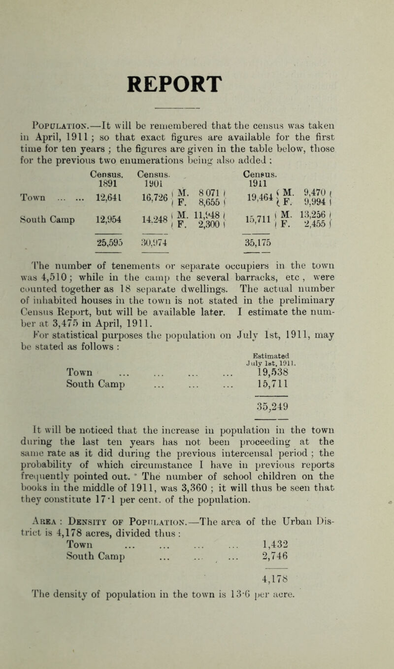 REPORT Population.—It will be remembered that the census was taken in April, 1911; so that exact figures are available for the first time for ten years ; the figures are given in the table below, those for the previous two enumerations being also added ; Town Census. 1891 . 12,641 Census. iyoi 16,726 | p' 8 071 i 8,655 f Census. 1911 9>47°! 19,464 ^ F 9994 j South Camp 12,954 14,248 | 11,948 l 2,300 1 15 7H ' M- 13,256 1 10,/ii ( F 2 455 i 25,595 30,1)74 35,175 The number of tenements or separate occupiers in the town was 4,510; while in the camp the several barracks, etc, were counted together as 18 separate dwellings. The actual number of inhabited houses in the town is not stated in the preliminary Census Report, but will be available later. I estimate the num- ber at 3,475 in April, 1911. For statistical purposes the population on July 1st, 1911, may be stated as follows : Estimated July 1st, 1011. Town ... ... ... ... 19,538 South Camp ... ... ... 15,711 35,249 It will be noticed that the increase in population in the town during the last ten years has not been proceeding at the same rate as it did during the previous intercensal period ; the probability of which circumstance I have in previous reports frequently pointed out. ‘ The number of school children on the books in the middle of 1911, was 3,360 ; it will thus be seen that they constitute 17 T per cent, of the population. Ap.ea : Density of Population.—The area of the Urban Dis- trict is 4,178 acres, divided thus: Town 1,432 South Camp ... ... ... 2,746 4,178 The density of population in the town is 13*6 per acre.