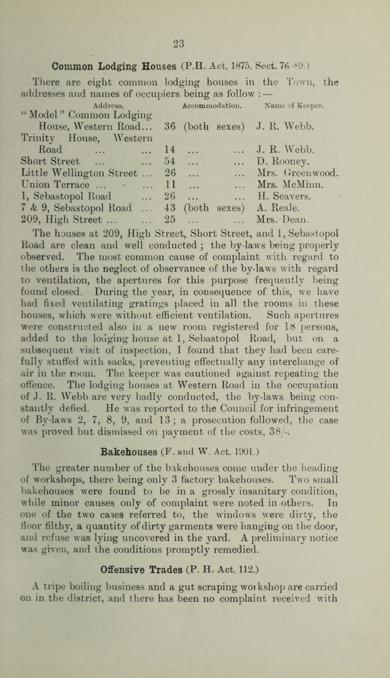 Common Lodging Houses (P.H. Act, 1875, Sect. 76-89.) There are eight common lodging houses in the Town, the addresses and names of occupiers being as follow : — Address. Accommodation. Name of Keeper. “ Model ” Common Lodging House, Western Road... 36 (both sexes) J. R. Webb. Trinity House, Western Road 14 J. R. Webb. Short Street 54 D. Rooney. Little Wellington Street ... 26 Mrs. Greenwood. Union Terrace ... 11 Mrs. McMinn. 1, Sebastopol Road 26 H. Seavers. 7 A 9, Sebastopol Road ... 43 (both sexes) A. Reale. 209, High Street ... 25 Mrs. Dean. The houses at 209, High Street, Short Street, and 1, Sebastopol Road are clean and well conducted ; the by-laws being properly observed. The most common cause of complaint with regard to the others is the neglect of observance of the by-laws with regard to ventilation, the apertures for this purpose frequently being found closed. During the year, in consequence of this, we have had fixed ventilating gratings placed in all the rooms in these houses, which were without efficient ventilation. Such apertures were constructed also in a new room registered for 18 persons, added to the lodging house at 1, Sebastopol Road, but on a subsequent visit of inspection, I found that they had been care- fully stuffed with sacks, preventing effectually any interchange of air in the room. The keeper was cautioned against repeating the offence. The lodging houses at Western Road in the occupation of J. R. Webb are very badly conducted, the by-laws being con- stantly defied. He was reported to the Council for infringement of By-laws 2, 7, 8, 9, and 13; a prosecution followed, the case was proved but dismissed on payment of the costs, 38/-. Bakehouses (F. and W. Act, 1901.) The greater number of the bakehouses come under the heading of workshops, there being only 3 factory bakehouses. Two small bakehouses were found to be in a grossly insanitary condition, while minor causes only of complaint were noted in others. In one of the two cases referred to, the windows were dirty, the floor filthy, a quantity of dirty garments were hanging on the door, and refuse was lying uncovered in the yard. A preliminary notice was given, and the conditions promptly remedied. Offensive Trades (P. H. Act, 112.) A tripe boiling business and a gut scraping woikshop are carried on in the district, and there has been no complaint received with