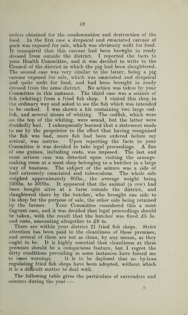 orders obtained for the condemnation and destruction of the food. In the first case a dropsical and emaciated carcase of pork was exposed for sale, which was obviously unfit for food. It transpired that this carcase had been brought in ready dressed from outside the district. I reported the facts to your Health Committee, and it was decided to write to the Council of the district in which the pig had been slaughtered. The second case was very similar to the latter, being a pig carcase exposed for sale, which was emaciated and dropsical and quite unfit for food, and had been brought in ready dressed from the same district. No action was taken by your Committee in this instance. The third case was a seizure of fish (whiting) from a fried fish shop. I visited this shop in the ordinary way and asked to see the fish which was intended to be cooked. I was shown a kit containing two large cod- fish, and several stones of whiting. The codfish, which were on the top of the whiting, were sound, but the latter were decidedly bad. I subsequently learned that a statement made to me by the proprietor to the effect that having recognised the fish was bad, more fish had been ordered before my arrival, was untrue. Upon reporting the facts to your Committee it was decided to take legal proceedings. A fine of one guinea, including costs, was imposed. The last and most serious case was detected upon visiting the sausage- making room at a meat shop belonging to a butcher in a large way of business. The subject of the seizure was a side of beef extremely emaciated and tuberculous. The whole side weighed approximately 801bs., the average weight being 2501bs. to 3001bs. It appeared that the animal (a cow) had been bought alive at a farm outside the district, and slaughtered there by the butcher, who brought one side to his shop for the purpose of sale, the other side being retained by the farmer. Your Committee considered this a most flagrant case, and it was decided that legal proceedings should be taken, with the result that the butcher was fined £5 5s. and costs, amounting altogether to £8 4s. There are within your district 21 fried fish shops. Strict attention has been paid to the cleanliness of these premises, and several of them are not as clean, by any means, as they ought to be. It is highly essential that cleanliness at these premises should be a conspicuous feature, but I regret the dirty conditions prevailing in some instances have forced me to issue warnings. It is to be deplored that no by-laws regulating fried fish shops have been adopted, without which it is a difficult matter to deal with. The following table gives the particulars of surrenders and seizures during the year : — D