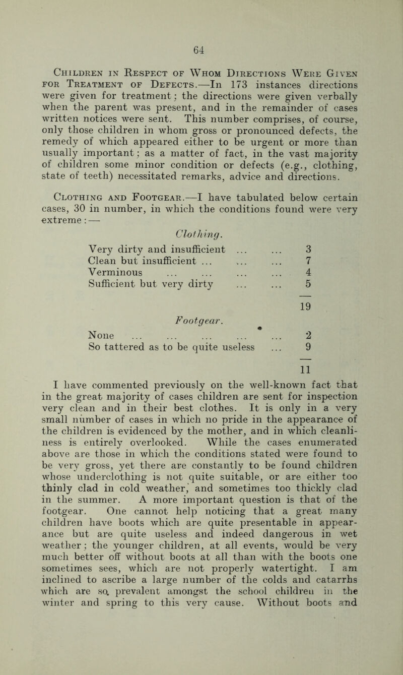 Children in Respect of Whom Directions Were Given for Treatment of Defects.—In 173 instances directions were given for treatment; the directions were given verbally when the parent was present, and in the remainder of cases written notices were sent. This number comprises, of course, only those children in whom gross or pronounced defects, the remedy of which appeared either to be urgent or more than usually important; as a matter of fact, in the vast majority of children some minor condition or defects (e.g., clothing, state of teeth) necessitated remarks, advice and directions. Clothing and Footgear.—I have tabulated below certain cases, 30 in number, in which the conditions found were very extreme : — Clothing. Very dirty and insufficient ... ... 3 Clean but insufficient ... ... ... 7 Verminous ... ... ... ... 4 Sufficient but very dirty ... ... 5 19 Footgear. None ... ... ... ... ... 2 So tattered as to be quite useless ... 9 11 I have commented previously on the well-known fact that in the great majority of cases children are sent for inspection very clean and in their best clothes. It is only in a very small number of cases in which no pride in the appearance of the children is evidenced by the mother, and in which cleanli- ness is entirely overlooked. While the cases enumerated above are those in which the conditions stated were found to be very gross, yet there are constantly to be found children whose underclothing is not quite suitable, or are either too thinly clad in cold weather, and sometimes too thickly clad in the summer. A more important question is that of the footgear. One cannot help noticing that a great many children have boots which are quite presentable in appear- ance but are quite useless and indeed dangerous in wet weather; the younger children, at all events, would be very much better off without boots at all than with the boots one sometimes sees, which are not properly watertight. I am inclined to ascribe a large number of the colds and catarrhs which are so. prevalent amongst the school child re u in the winter and spring to this very cause. Without boots and