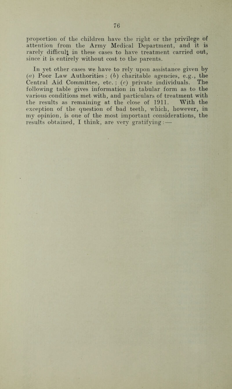 proportion of the children have the right or the privilege of attention from the Army Medical Department, and it is rarely difficult in these cases to have treatment carried out, since it is entirely without cost to the parents. In yet other cases we have to rely upon assistance given by (a) Poor Law Authorities : (b) charitable agencies, e.g., the Central Aid Committee, etc.; (c) private individuals. The following table gives information in tabular form as to the various conditions met with, and particulars of treatment with the results as remaining at the close of 1911. With the exception of the question of bad teeth, which, however, in my opinion, is one of the most important considerations, the results obtained, I think, are very gratifying: —