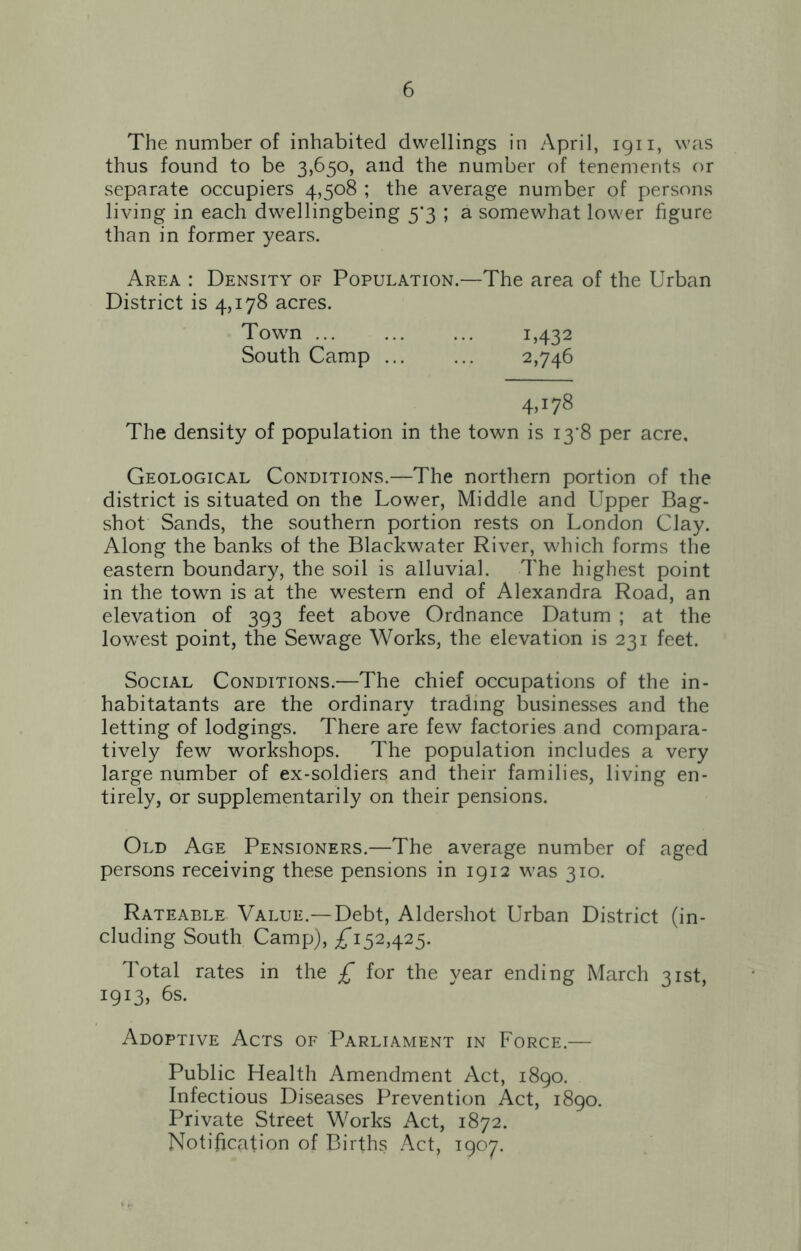 The number of inhabited dwellings in April, 1911, was thus found to be 3,650, and the number of tenements or separate occupiers 4,508 ; the average number of persons living in each dwellingbeing 5^3 ; a somewhat lower figure than in former years. Area : Density of Population.—The area of the Urban District is 4,178 acres. Town ... ... ... 1,432 South Camp ... ... 2,746 4.178 The density of population in the town is 13*8 per acre. Geological Conditions.—The northern portion of the district is situated on the Lower, Middle and Upper Bag- shot Sands, the southern portion rests on London Clay. Along the banks of the Blackwater River, which forms the eastern boundary, the soil is alluvial. The highest point in the town is at the western end of Alexandra Road, an elevation of 393 feet above Ordnance Datum ; at the lowrest point, the Sewage Works, the elevation is 231 feet. Social Conditions.—The chief occupations of the in- habitatants are the ordinary trading businesses and the letting of lodgings. There are few factories and compara- tively few workshops. The population includes a very large number of ex-soldiers and their families, living en- tirely, or supplementarily on their pensions. Old Age Pensioners.—The average number of aged persons receiving these pensions in 1912 was 310. Rateable Value.— Debt, Aldershot Urban District (in- cluding South Camp), ^152,425. Total rates in the £ for the year ending March 31st, 1913, 6s. Adoptive Acts of Parliament in Force.— Public Health Amendment Act, 1890. Infectious Diseases Prevention Act, 1890. Private Street Works Act, 1872. Notification of Births Act, 1907.