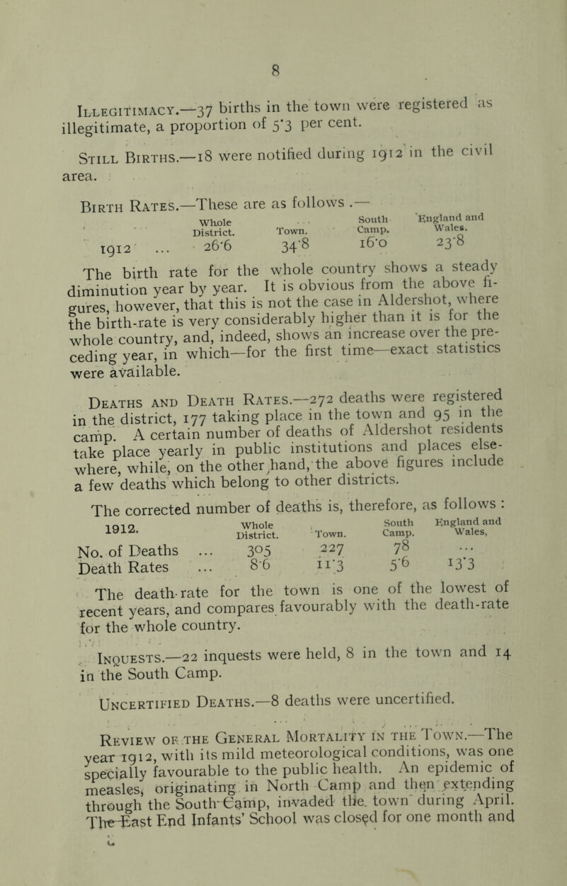 Illegitimacy.—37 births in the town were registered as illegitimate, a proportion of 5*3 per cent. Still Births.—18 were notified during 1912 in the civil area. Birth Rates—These are as follows . Whole District. 26’6 South Camp. l6'0 England and Wales. Town. * - 1912 ... 20 0 34'8 ib'o 23-8 The birth rate for the whole country shows a steady diminution year by year. It is obvious from the above fi- gures, however, that this is not the case in Aldershot where the birth-rate is very considerably higher than it is for the whole country, and, indeed, shows an increase over the pre- ceding year, in which—for the first time exact statistics were available. Deaths and Death Rates.—272 deaths were registered in the district, 177 taking place in the town and 95 in the camp A certain number of deaths of Aldershot residents take place yearly in public institutions and places else- where, while, on the other hand,'the above figures include a few deaths which belong to other districts. The corrected number of deaths is, therefore, as follows : ,0 Whole south England and District. Town. Camp. Wales, No. of Deaths ... 3°5 227 7^ Death Rates ... 8 6 n*3 5’° *3*3 The death-rate for the town is one of the lowest of recent years, and compares favourably with the death-rate for the whole country. Inquests.—22 inquests were held, 8 in the town and 14 in the South Camp. Uncertified Deaths.—8 deaths were uncertified. Review or the General Mortality in the Town.—The year 1912, with its mild meteorological conditions, was one specially favourable to the public health. An epidemic of measles* originating in North Camp and the:n extending through the South*Camp, invaded the. town' during April. TfarEast Epd Infants’ School was closed for one month and