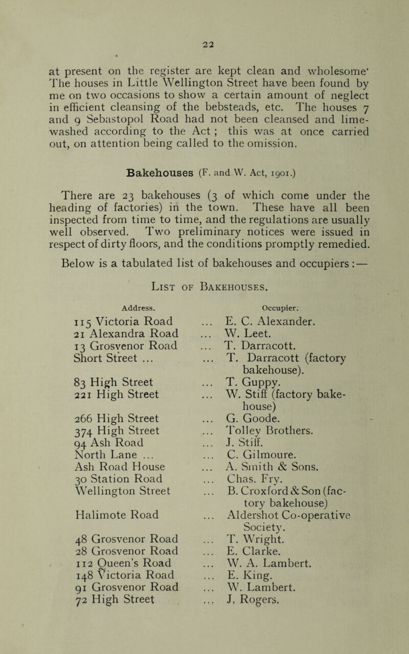 at present on the register are kept clean and wholesome* The houses in Little Wellington Street have been found by me on two occasions to show a certain amount of neglect in efficient cleansing of the bebsteads, etc. The houses 7 and 9 Sebastopol Road had not been cleansed and lime- washed according to the Act ; this was at once carried out, on attention being called to the omission. There are 23 bakehouses (3 of which come under the heading of factories) in the town. These have all been inspected from time to time, and the regulations are usually well observed. Two preliminary notices were issued in respect of dirty floors, and the conditions promptly remedied. Below is a tabulated list of bakehouses and occupiers : — Bakehouses (F. and W. Act, 1901.) List of Bakehouses. Address. Occupier. 115 Victoria Road 21 Alexandra Road 13 Grosvenor Road Short Street ... E. C. Alexander. W. Leet. T. Darracott. T. Darracott (factory 83 High Street 221 High Street bakehouse). T. Guppy. W. Stiff (factory bake- 266 High Street 374 High Street 94 Ash Road North Lane ... Ash Road House 30 Station Road Wellington Street house) G. Goode. Tolley Brothers. J. Stiff. C. Gilmoure. A. Smith & Sons. Chas. Fry. B. Croxford & Son (fac- Halimote Road tory bakehouse) Aldershot Co-operative 48 Grosvenor Road 28 Grosvenor Road 112 Queen’s Road 148 Victoria Road 91 Grosvenor Road 72 High Street Society. T. Wright. E. Clarke. W. A. Lambert. E. King. W. Lambert. J, Rogers,