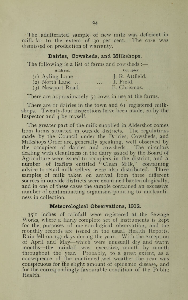 The adulterated sample of new milk was deficient in milk-fat to the extent of 30 per cent. The c:ue was dismissed on production of warranty. Dairies, Cowsheds, and Milkshops. The following is a list of farms and cowsheds :— Address. (1) Ayling Lane ... (2) North Lane ... (3) Newport Road Occupier J. R. Attfield. J. Field. E. Chrismas. There are approximately 53 cows in use at the farms. There are 11 dairies in the town and 61 registered milk- shops. Twenty-four inspections have been made, 20 by the Inspector and 4 by myself. The greater part of the milk supplied in iUdershot comes from farms situated in outside districts. The regulations made by the Council under the Dairies, Cowsheds, and Milkshops Order are, generally speaking, well observed by the occupiers of dairies and cowsheds. The circulars dealing with cleanliness in the dairy issued by the Board of Agriculture were issued to occupiers in the district, and a number of leaflets entitled “Clean Milk,” containing advice to retail milk sellers, were also distributed. Three samples of milk taken on arrival from three different sources in outside districts were examined bacteriologically, and in one of these cases the sample contained an excessive number of contaminating organisms pointing to uncleanli- ness in collection. Meteorological Observations, 1912. 35‘i inches of rainfall were registered at the Sewage Works, where a fairly complete set of instruments is kept for the purposes of meteorological observation, and the monthly records are issued in the usual Health Reports. Rain fell on 197 days during the year. With the exception of April and May—which were unusuall dry and warm months—the rainfall was excessive, month by month throughout the year. Probably, to a great extent, as a consequence of the continued wet weather the year was conspicuous for the slight amount of epidemic disease, and for the correspondinglv favourable condition of the Public Health.