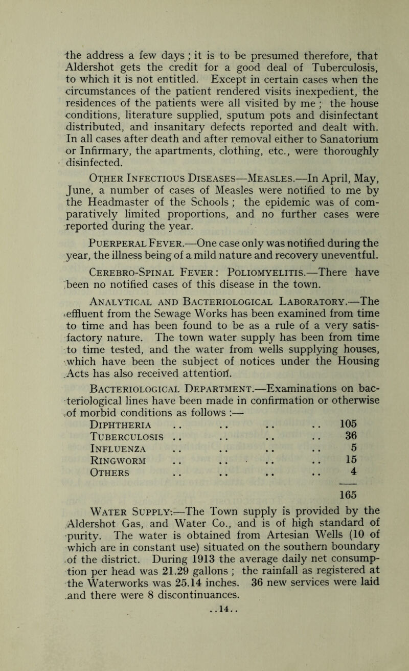 the address a few days ; it is to be presumed therefore, that Aldershot gets the credit for a good deal of Tuberculosis, to which it is not entitled. Except in certain cases when the circumstances of the patient rendered visits inexpedient, the residences of the patients were all visited by me ; the house conditions, literature supplied, sputum pots and disinfectant distributed, and insanitary defects reported and dealt with. In all cases after death and after removal either to Sanatorium or Infirmary, the apartments, clothing, etc., were thoroughly disinfected. Other Infectious Diseases—Measles.—In April, May, June, a number of cases of Measles were notified to me by the Headmaster of the Schools ; the epidemic was of com- paratively limited proportions, and no further cases were reported during the year. Puerperal Fever.—One case only was notified during the year, the illness being of a mild nature and recovery uneventful. Cerebro-Spinal Fever: Poliomyelitis.—There have been no notified cases of this disease in the town. Analytical and Bacteriological Laboratory.—The -effluent from the Sewage Works has been examined from time to time and has been found to be as a rule of a very satis- factory nature. The town water supply has been from time to time tested, and the water from wells supplying houses, which have been the subject of notices under the Housing Acts has also received attention. Bacteriological Department.—Examinations on bac- teriological lines have been made in confirmation or otherwise ,of morbid conditions as follows :— Diphtheria 105 Tuberculosis .. # , 36 Influenza 5 Ringworm , , 15 Others • * 4 165 Water Supply-.—The Town supply is provided by the Aldershot Gas, and Water Co., and is of high standard of •purity. The water is obtained from Artesian Wells (10 of which are in constant use) situated on the southern boundary .of the district. During 1913 the average daily net consump- tion per head was 21.29 gallons ; the rainfall as registered at the Waterworks was 25.14 inches. 36 new services were laid .and there were 8 discontinuances.