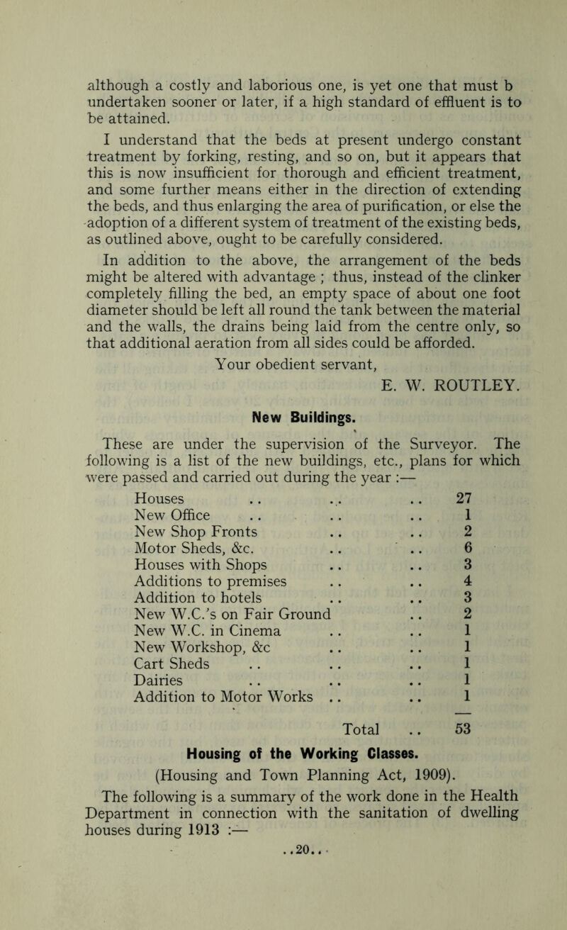 although a costly and laborious one, is yet one that must b undertaken sooner or later, if a high standard of effluent is to be attained. I understand that the beds at present undergo constant treatment by forking, resting, and so on, but it appears that this is now insufficient for thorough and efficient treatment, and some further means either in the direction of extending the beds, and thus enlarging the area of purification, or else the adoption of a different system of treatment of the existing beds, as outlined above, ought to be carefully considered. In addition to the above, the arrangement of the beds might be altered with advantage ; thus, instead of the clinker completely filling the bed, an empty space of about one foot diameter should be left all round the tank between the material and the walls, the drains being laid from the centre only, so that additional aeration from all sides could be afforded. Your obedient servant, E. W. ROUTLEY. New Buildings. These are under the supervision of the Surveyor. The following is a list of the new buildings, etc., plans for which were passed and carried out during the year :— Houses .. ... .. 27 New Office .. .. .. 1 New Shop Fronts .. .. 2 Motor Sheds, &c. .. .. 6 Houses with Shops .. .. 3 Additions to premises .. .. 4 Addition to hotels .. .. 3 New W.C.'s on Fair Ground .. 2 New W.C. in Cinema .. .. 1 New Workshop, &c .. .. 1 Cart Sheds .. .. .. 1 Dairies .. .. .. 1 Addition to Motor Works .. .. 1 Total .. 53 Housing of the Working Classes. (Housing and Town Planning Act, 1909). The following is a summary of the work done in the Health Department in connection with the sanitation of dwelling houses during 1913