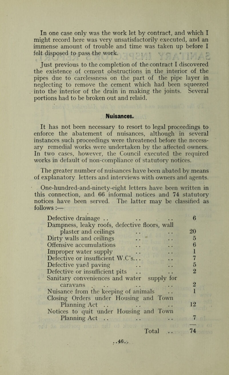 In one case only was the work let by contract, and which I might record here was very unsatisfactorily executed, and an immense amount of trouble and time was taken up before I felt disposed to pass the work. ; • - v •' \ ? % Just previous to the completion of the contract I discovered the existence of cement obstructions in the interior of the pipes due to carelessness on the part of the pipe layer in neglecting to remove the cement which had been squeezed into the interior of the drain in making the joints. Several portions had to be broken out and relaid. Nuisances. It has not been necessary to resort to legal proceedings to enforce the abatement of nuisances, although in several instances such proceedings were threatened before the necess- ary remedial works were undertaken by the affected owners. In two cases, however, the Council executed the required works in default of non-compliance of statutory notices. The greater number of nuisances have been abated by means of explanatory letters and interviews with owners and agents. One-hundred-and-ninety-eight letters have been written in this connection, and 66 informal notices and 74 statutory notices have been served. The latter may be classified as follows :— Defective drainage .. .. ... 6 Dampness, leaky roofs, defective floors, wall plaster and ceilings .. .. 20 Dirty walls and ceilings .. .. 5 Offensive accumulations .. .. 6 Improper water supply .. .. 1 Defective or insufficient W.C’s... .. 7 Defective yard paving .. .. 5 Defective or insufficient pits .. .. 2 Sanitary conveniences and water supply for caravans ... .. .. 2 Nuisance from the keeping of animals .. 1 Closing Orders under Housing and Town Planning Act .. .. .. 12 Notices to quit under Housing and Town Planning Act .. .. .. 7 Total .. 74