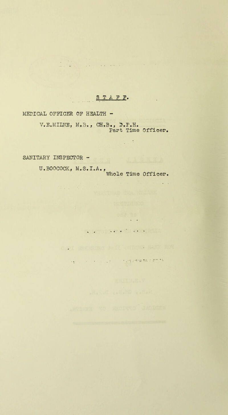 STAFF. MEDICAL OFFICER OF HEALTH - V.E.MILNE, M.B., CH.B., 3.P.H. Part Time Officer. SANITARY INSPECTOR - U.BOOCOCK, M.S.I.A., Whole Time Officer.