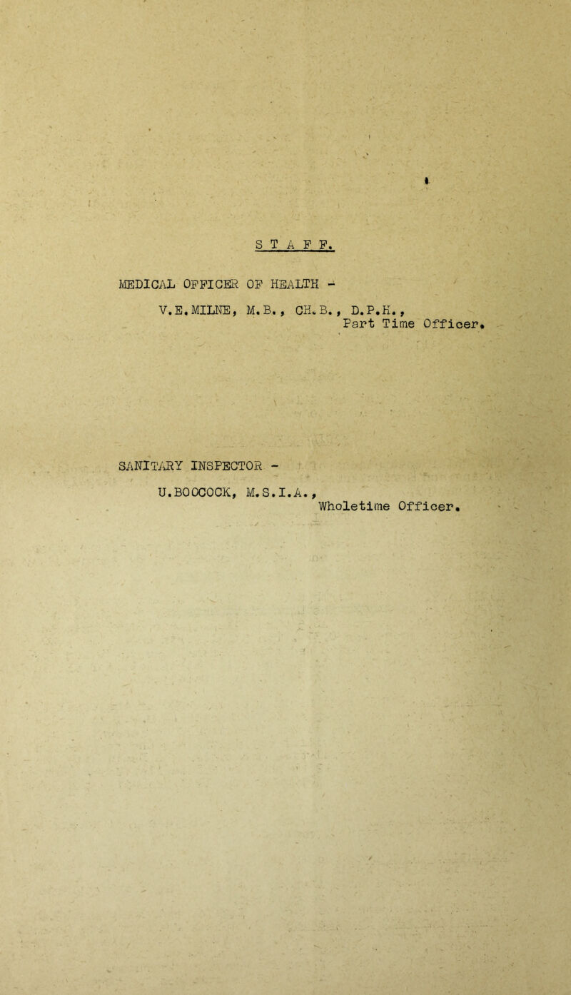 STAFF. MEDICAL OFFICER OF HEALTH - V.E,MILNE, M.B., CH„B., D.P.K., Part Time Officer* SANITARY INSPECTOR - U.BOOCOCK, M.S.I.A., Wholetime Officer