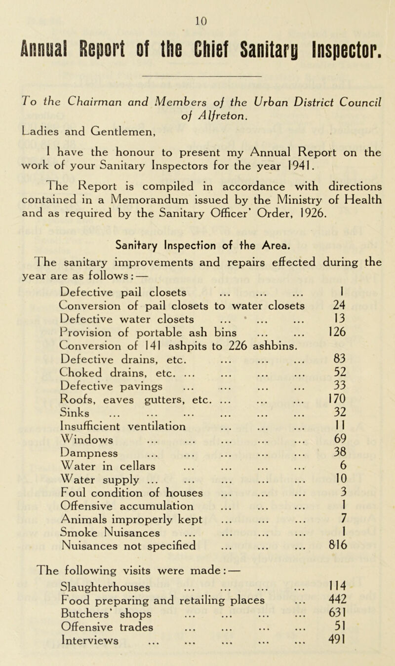 Annua! Report of me Chief Sanitary Inspector. To the Chairman and Members of the Urban District Council of A If reton. Ladies and Gentlemen, 1 have the honour to present my Annual Report on the work of your Sanitary Inspectors for the year 1941. The Report is compiled in accordance with directions contained in a Memorandum issued by the Ministry of Health and as required by the Sanitary Officer’ Order, 1926. Sanitary Inspection of the Area. 1 he sanitary improvements and repairs effected during the year are as follows: — Defective pail closets ... ... ... I Conversion of pail closets to water closets 24 Defective water closets Provision of portable ash bins Conversion of 141 ashpits to 226 ashbins Defective drains, etc. Choked drains, etc. ... Defective pavings Roofs, eaves gutters, etc. ... 3 ink s ... ... ... ... ... Insufficient ventilation Windows Dampness Water in cellars Water supply Foul condition of houses Offensive accumulation Animals improperly kept Smoke Nuisances Nuisances not specified The following visits were made : — Slaughterhouses 114 Food preparing and retailing places ... 442 Butchers’ shops 631 Offensive trades 51 Interviews ... 491 126 83 52 33 170 32 11 69 38 6 10 3 1 7 1 816