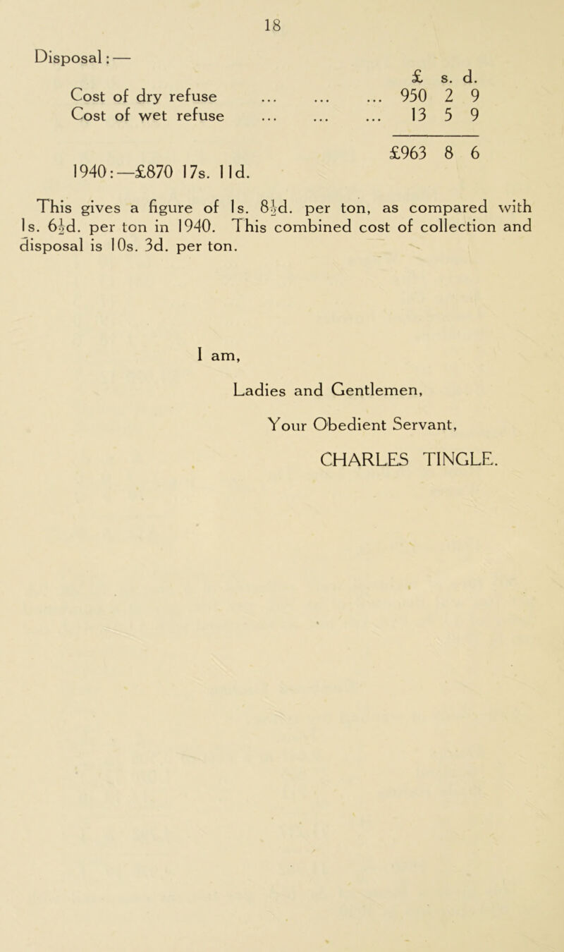 Disposal: — £ s. d. 950 2 9 13 5 9 Cost of dry refuse Cost of wet refuse £963 8 6 1940:—£870 17s. lid. This gives a figure of Is. 8->d. per ton, as compared with Is. 6Jd. per ton in 1940. This combined cost of collection and disposal is 10s. 3d. per ton. 1 am, Ladies and Gentlemen, Your Obedient Servant, CHARLES TINGLE.