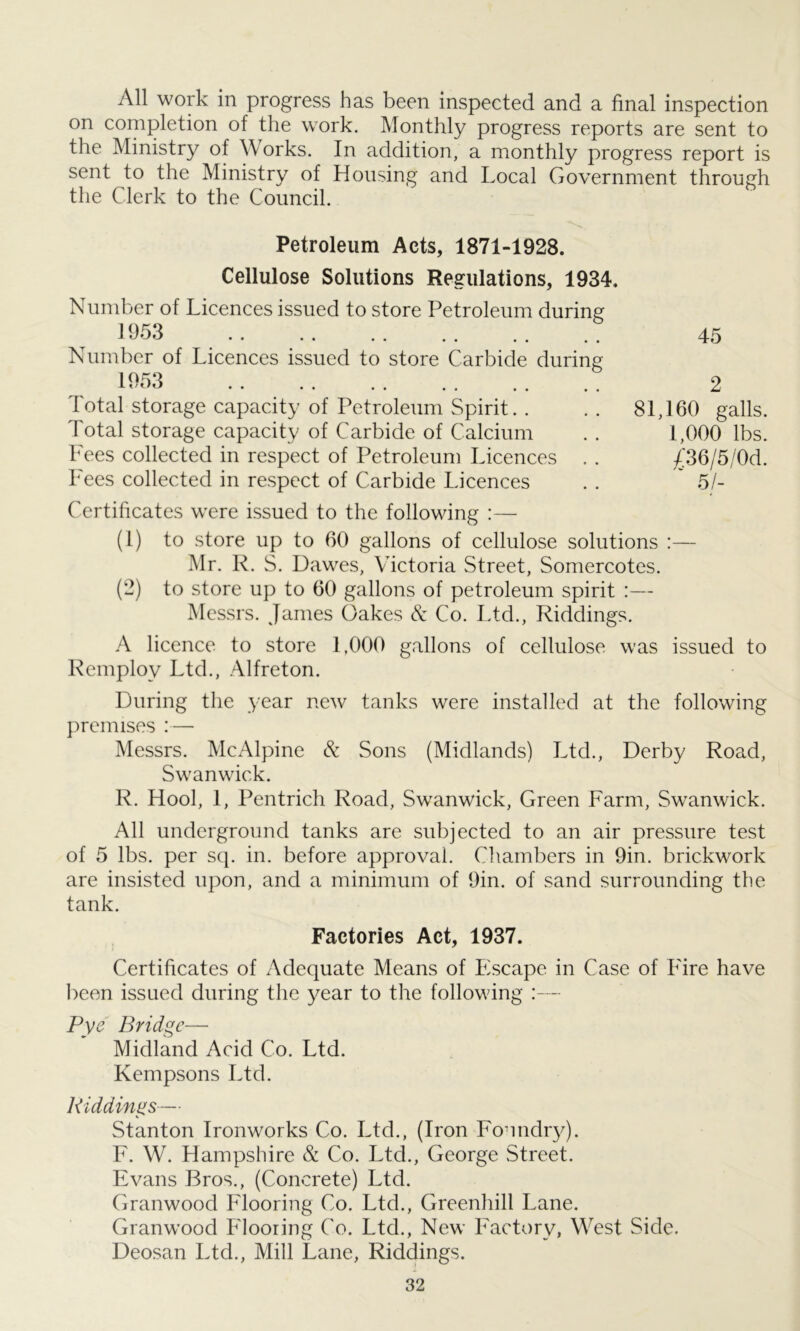 All work in progress has been inspected and a final inspection on completion of the work. Monthly progress reports are sent to the Ministry of Works. In addition, a monthly progress report is sent to the Ministry of Housing and Local Government through the Clerk to the Council. Petroleum Acts, 1871-1928. Cellulose Solutions Regulations, 1934. Number of Licences issued to store Petroleum during 1953 45 Number of Licences issued to store Carbide during 1953 2 Total storage capacity of Petroleum Spirit. . .. 81,160 galls. Total storage capacity of Carbide of Calcium . . 1,000 lbs. Fees collected in respect of Petroleum Licences . . £36/5/0d. Fees collected in respect of Carbide Licences . . ~ 51- Certificates were issued to the following :— (1) to store up to 60 gallons of cellulose solutions :— Mr. R. S. Dawes, Victoria Street, Somercotes. (2) to store up to 60 gallons of petroleum spirit :— Messrs. James Oakes & Co. Ltd., Riddings. A licence to store 1,000 gallons of cellulose was issued to Remplov Ltd., Alfreton. During the year new tanks were installed at the following premises :— Messrs. Me Alpine & Sons (Midlands) Ltd., Derby Road, Swanwick. R. Hool, 1, Pentrich Road, Swanwick, Green Farm, Swanwick. All underground tanks are subjected to an air pressure test of 5 lbs. per sq. in. before approval. Chambers in 9in. brickwork are insisted upon, and a minimum of 9in. of sand surrounding the tank. Factories Act, 1937. Certificates of Adequate Means of Escape in Case of Fire have been issued during the year to the following :— Pye Bridge— Midland Acid C'o. Ltd. Kempsons Ltd. Riddings— Stanton Ironworks Co. Ltd., (Iron Foundry). F. W. Hampshire & Co. Ltd., George Street. Evans Bros., (Concrete) Ltd. Granwood Flooring Co. Ltd., Greenhill Lane. Granwood Flooring Co. Ltd., New Factory, West Side. Deosan Ltd., Mill Lane, Riddings.