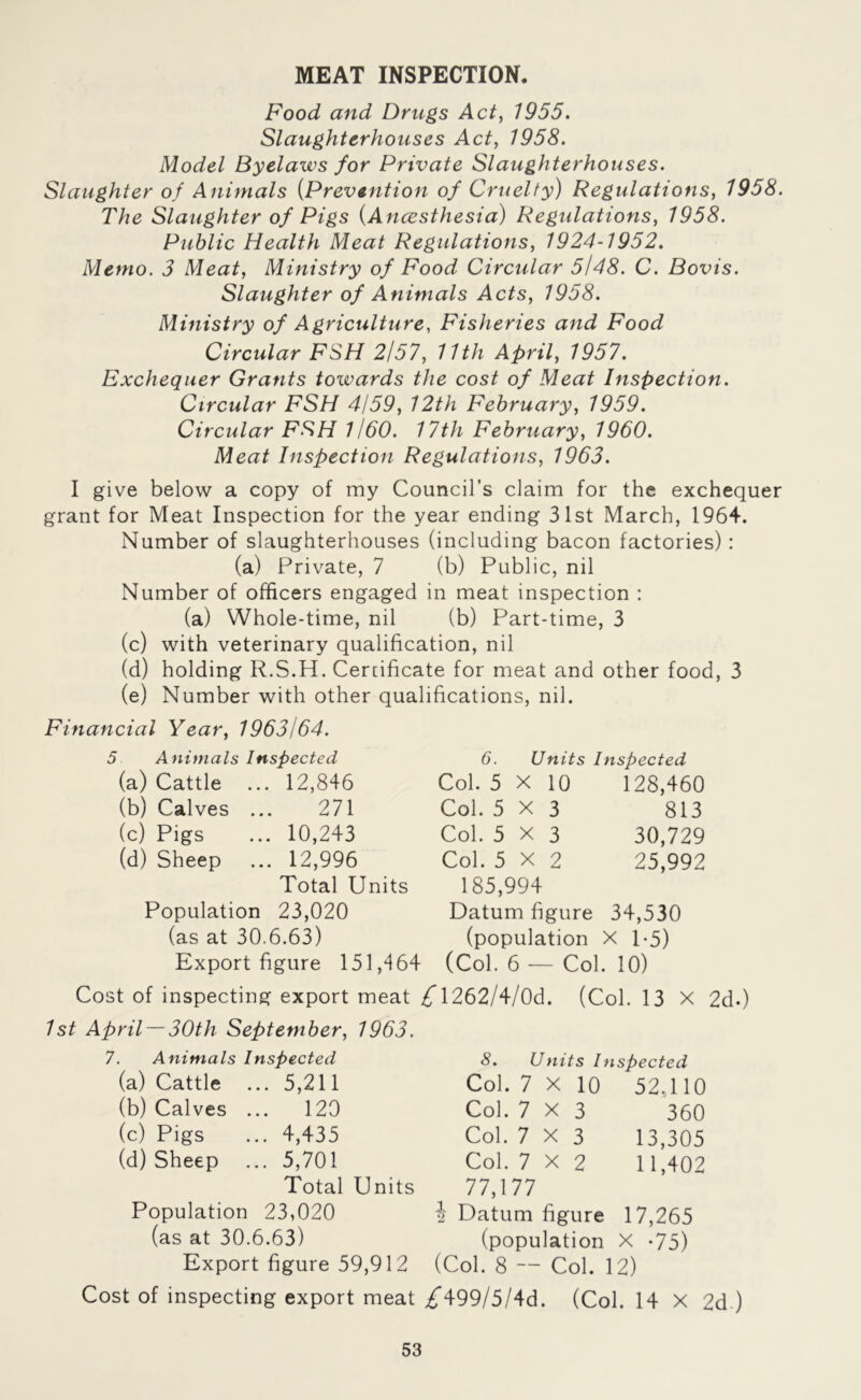 MEAT INSPECTION. Food and Drugs Act, 1955. Slaughterhouses Act, 1958. Model Byelaws for Private Slaughterhouses. Slaughter of Animals (Prevention of Cruelty) Regulations, 1958. The Slaughter of Pigs (Ancesthesia) Regidations, 1958. Public Health Meat Regulations, 1924-1952. Memo. 3 Meat, Ministry of Food Circular 5/48. C. Bovis. Slaughter of Animals Acts, 1958. Ministry of Agriculture, Fisheries and Food Circular FSH 2/57, 11th April, 1957. Exchequer Grants towards the cost of Meat Inspection. Circular FSH 4/59, 12th February, 1959. Circular FSH 1/60. 17th February, 1960. Meat Inspection Regulations, 1963. I give below a copy of my Council’s claim for the exchequer grant for Meat Inspection for the year ending 31st March, 1964. Number of slaughterhouses (including bacon factories) : (a) Private, 7 (b) Public, nil Number of officers engaged in meat inspection : (a) Whole-time, nil (b) Part-time, 3 (c) with veterinary qualification, nil (d) holding R.S.H. Certificate for meat and other food, 3 (e) Number with other qualifications, nil. Financial Year, 1963/64. 5 Animals Inspected (a) Cattle ... 12,846 (b) Calves ... 271 (c) Pigs ... 10,243 (d) Sheep ... 12,996 Total Units Population 23,020 (as at 30.6.63) Export figure 151,464 6. Units Inspected Col. 5 x 10 128,460 Col. 5X3 813 Col. 5 X 3 30,729 Col. 5 X 2 25,992 185,994 Datum figure 34,530 (population X 1-5) (Col. 6 — Col. 10) Cost of inspecting export meat £ 1262/4/0d. (Col. 13 X 2d.) 1st April—30th September, 1963. 7. Animals Inspected (a) Cattle ... 5,211 (b) Calves ... 120 (c) Pigs ... 4,435 (d) Sheep ... 5,701 Total Units Population 23,020 (as at 30.6.63) Export figure 59,912 8. Units Inspected Col. 7 X 10 52,110 Col. 7 X 3 360 Col. 7X3 13,305 Col. 7X2 11,402 77,177 \ Datum figure 17,265 (population X -75) (Col. 8 — Col. 12) Cost of inspecting export meat if499/5/4d. (Col. 14 X 2d.)