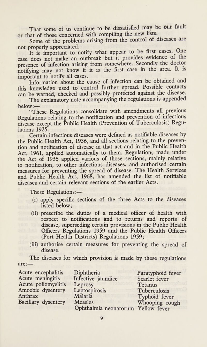 That some of us continue to be dissatisfied may be 01 f fault or that of those concerned with compiling the new fis^s* Some of the problems arising from the control of diseases are not properly appreciated. ^ It is important to notify what appear to be first cases. One case does not make an outbreak but it provides evidence of the presence of infection arising from somewhere. Secondly the doctor notifying may not know if it is the first case in the area. It is important to notify all cases. . Information about the cause of infection can be obtained and this knowledge used to control further spread. Possible contacts can be warned, checked and possibly protected against the disease. The explanatory note accompanying the regulations is appended below:— “These Regulations consolidate with amendments all previous Regulations relating to the notification and prevention of infectious disease except the Public Health (Prevention of Tuberculosis) Regu- lations 1925. Certain infectious diseases were defined as notifiable diseases by the Public Health Act, 1936, and all sections relating to the preven- tion and notification of disease in that act and in the Public Health Act, 1961, applied automatically to them. Regulations made under the Act of 1936 applied various of those sections, mainly relative to notification, to other infectious diseases, and authorised certain measures for preventing the spread of disease. The Health Services and Public Health Act, 1968, has amended the list of notifiable diseases and certain relevant sections of the earlier Acts. These Regulations:— (i) apply specific sections of the three Acts to the diseases listed below; (ii) prescribe the duties of a medical officer of health with respect to notifications and to returns and reports of disease, superseding certain provisions in the Public Health Officers Regulations 1959 and the Public Health Officers (Port Health Districts) Regulations 1959; (iii) authorise certain measures for preventing the spread of disease. The diseases for which provision is made are:— by these regulations Acute encephalitis Acute meningitis Acute poliomyelitis Amoebic dysentery Anthrax Bacillary dysentery Diphtheria Infective jaundice Leprosy Leptospirosis Malaria Measles Paratyphoid fever Scarlet fever Tetanus Tuberculosis Typhoid fever Whooping cough Yellow fever Ophthalmia neonatorum