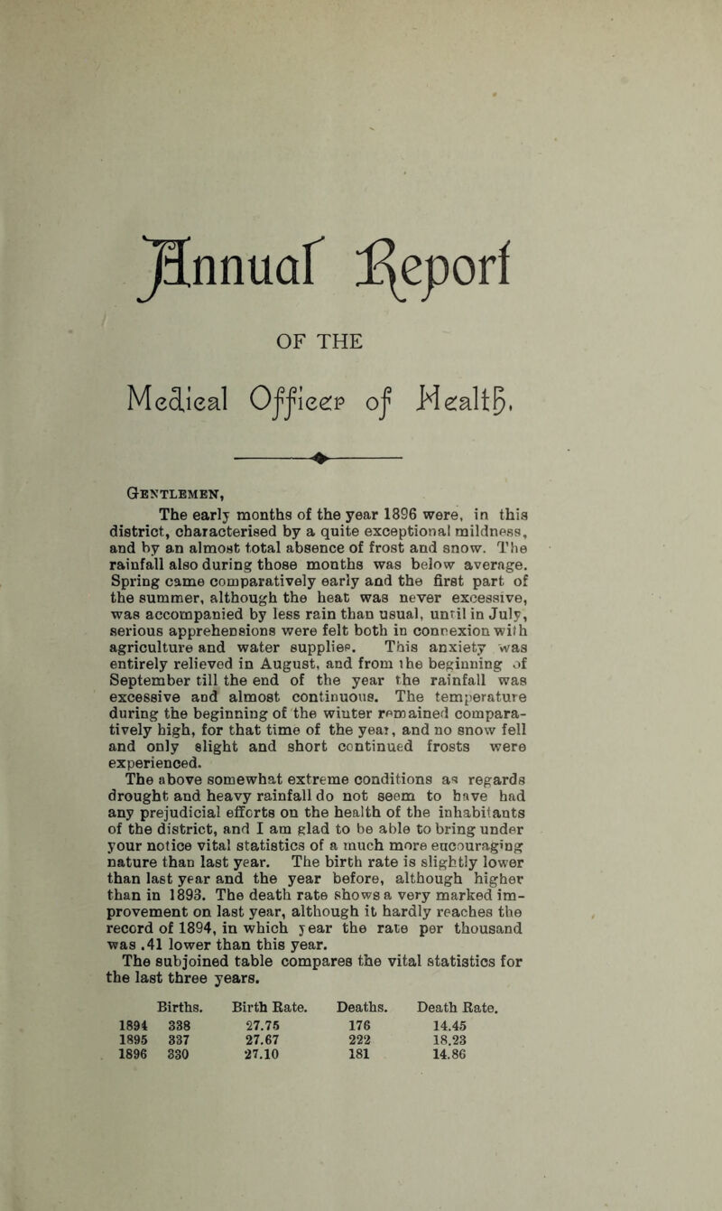jjnnuaf Report OF THE Medical Oj’jueep of Wealth ♦ Gentlemen, The early months of the year 1896 were, in this district, characterised by a quite exceptional mildness, and by an almost total absence of frost and snow. The rainfall also during those months was below average. Spring came comparatively early and the first part of the summer, although the heat was never excessive, was accompanied by less rain than usual, until in July, serious apprehensions were felt both in connexion with agriculture and water supplies. This anxiety was entirely relieved in August, and from the beginning of September till the end of the year the rainfall was excessive and almost continuous. The temperature during the beginning of the whiter remained compara- tively high, for that time of the year, and no snow fell and only slight and short continued frosts were experienced. The above somewhat extreme conditions as regards drought and heavy rainfall do not seem to have had any prejudicial efforts on the health of the inhabitants of the district, and I am glad to be able to bring under your notice vital statistics of a much more encouraging nature than last year. The birth rate is slightly lower than last year and the year before, although higher than in 1898. The death rate shows a very marked im- provement on last year, although it hardly reaches the record of 1894, in which year the rate per thousand was .41 lower than this year. The subjoined table compares the vital statistics for the last three years. Births. Birth Rate. Deaths. Death Rate. 1894 338 27.75 1895 337 27.67 1896 330 27.10 176 14.45 222 18.23 181 14.86