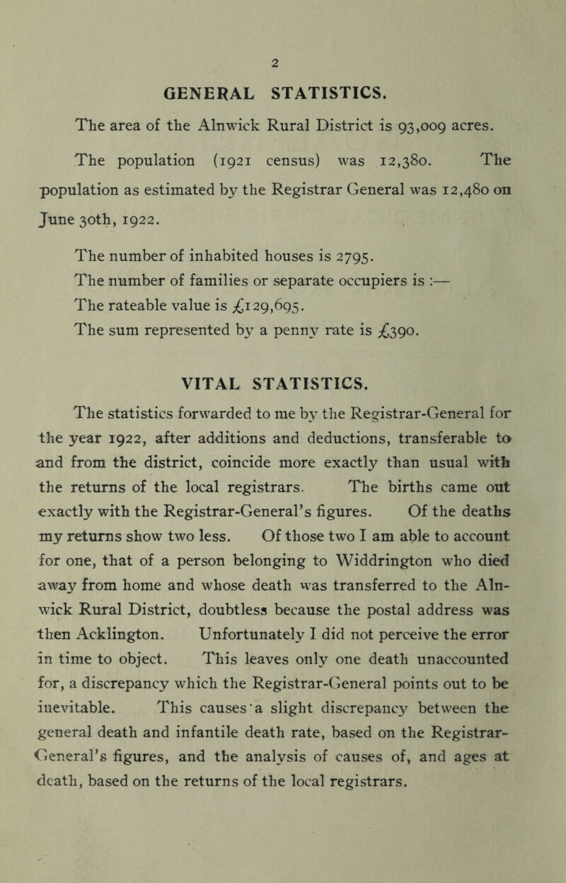 GENERAL STATISTICS. The area of the Alnwick Rural District is 93,009 acres. The population (1921 census) was 12,380. The population as estimated by the Registrar General was 12,480 on June 30th, 1922. The number of inhabited houses is 2795. The number of families or separate occupiers is :— The rateable value is ;£i 29,695. The sum represented by a penny rate is ^390. VITAL STATISTICS. The statistics forwarded to me by the Registrar-General for the year 1922, after additions and deductions, transferable to and from the district, coincide more exactly than usual with the returns of the local registrars. The births came out exactly with the Registrar-General’s figures. Of the deaths my returns show two less. Of those two I am able to account for one, that of a person belonging to Widdrington who died away from home and whose death was transferred to the Aln- wick Rural District, doubtless because the postal address was then Acklington. Unfortunately I did not perceive the error in time to object. This leaves only one death unaccounted for, a discrepancy which the Registrar-General points out to be inevitable. This causes‘a slight discrepancy between the general death and infantile death rate, based on the Registrar- General’s figures, and the analysis of causes of, and ages at death, based on the returns of the local registrars.