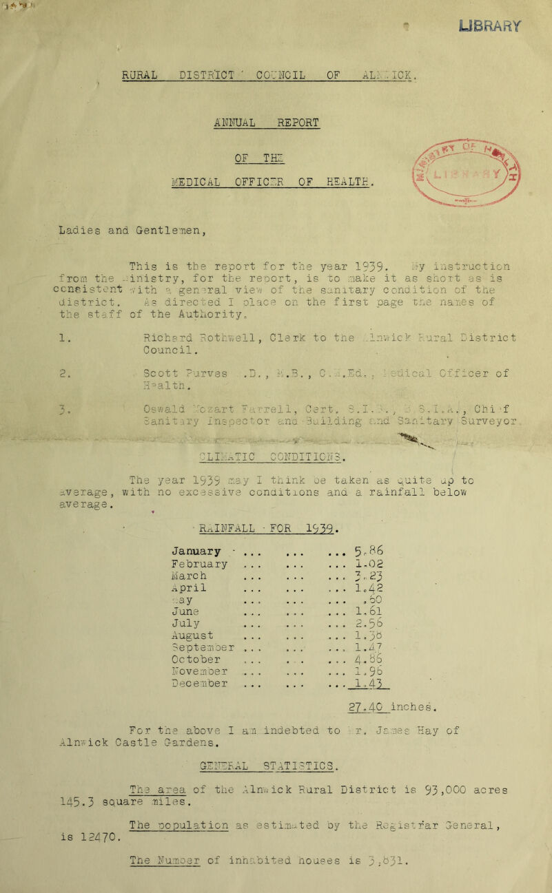 V>! ft* RURAL DISTRICT ' COUNCIL OF ALIIICK. ANNUAL REPORT OF TEL Ladies and Gentlemen, This is the report for the year 1939. Uy instruction from the ministry, for the reoort, is to make it as short as is consistent with a general view of the sanitary condition of the district. As directed I olace on the first page the names of the staff of the Authority, Richard Rothwell, Clerk to the 1 musick Rural Listrict Council. Scott Purves .D. , M.B. , Cm .Ed, . :• edical Officer of Health. Oswald Aczart Farrell, Cert. 3.1,1., L 3,1, A., Chi -f Sanitary Inspector ano - Building and Sanitary■Surveyor v CLIMATIC CONDITIONS. The year 1959 ma y 1 th ink be t aken as quite up to average with no excessive conditions and a rainfall below average ♦ RAINFALL FOR January - • • • # • • • 0 . 5r 86 February * . . • • • • ■ . 1,02 March • • • • • • • • • 3.23 April • . . 3 • . 1,42 ‘.ay « • » • • • • « . „ bO June • • • • • • • * . 1.6l July • . . • • • . 2,5b August • • • . 1.30 September • . * • • • * * . 1.A? ■ October • • • • . 4.86 November • • • . 1.9b December . . . • • • • • . 1.43 27.40 inches. Fo r the above I a 11 indebted to r. James Hay of Alms ick Castle Gardens. HT’TTTi: * It.Qj x ■ iin L STATIC TICS. The area of the Alnwick Rural District is 93,000 acres 145.3 square miles. The copulation as estimated by the Registrar General, is 12470. The Numoer of inhabited houses is 3;b31. 1. 2.