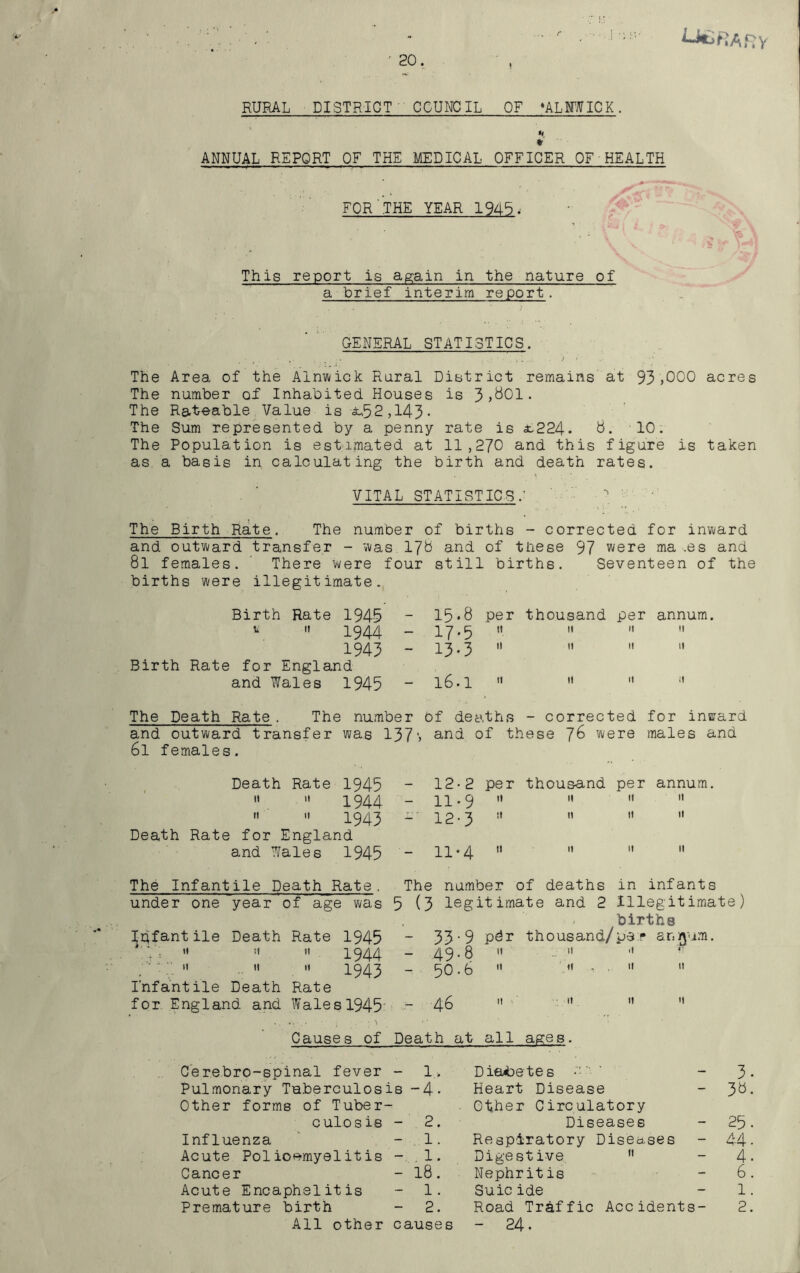 RURAL DISTRICT' COUNCIL OF ‘ALNWICK. * ANNUAL REPORT OF THE MEDICAL OFFICER OF HEALTH FOR THE YEAR 1945. This report is again in the nature of a brief interim report. GENERAL STATISTICS. The Area of the Alnwick Rural District remains at 93 ,000 acres The number of Inhabited Houses is 3,801. The Rateable Value is ±,,52,143- The Sum represented by a penny rate is ±-224- 6. 10. The Population is estimated at 11,270 and this figure is taken as a basis in calculating the birth and death rates. VITAL STATISTICS f The Birth Rate. The number of births - corrected for inward and outward transfer - was 17b and of these 97 were ma .es and 8l females. There were four still births. Seventeen of the births were illegitimate. Birth Rate 1943 - 15*8 per t it 1944 _ 17.5 it 1943 - 13-3  Birth Rate for England and Wales 1945 - l6-l 11 The Death Rate . The number of deaths - corrected for inarard and outward transfer was 137 » and of these ~[G were males and 6l females. thousand per annum. n m 11 n 11 11 11 it ;i Death Rate 1945 - 12-2 per thousand per annum it 11 1944 - 11-9 it it it it n it 1943 - 12-3 11 n it it Death Rate for England and Wales 1945 - 11-4 n 11 it 11 The Infantile Death Rate . The number of deaths in infant 1 under one year of age was 5 (3 legitimate and 2 Illegitimate) births Infantile Death Rate 1945 - 33'9 pbr thousand/per an/yum. Vi  !< « 1944 - 49.8  -  ■' /'' Vi  »  1943 - 50.6  ii . , 11 11 Infantile Death Rate for England and Wales 1945' j- 4&     Causes of Death at all ages. Cerebro-spinal fever - 1, Diabetes ‘ 3 Pulmonary Tuberculosis -4- Heart Disease 3b Other forms of Tuber- Other Circulatory culosis - 2. Diseases 25 Influenza 1. Respiratory Diseases 4.4 Acute Polioemyelit is - . 1. Digestive n 4 Cancer 18. Nephritis 6 Acute Encaphelitis 1. Suic ide 1 Premature birth 2. Road Traffic Accidents- 2 All other causes - 24.