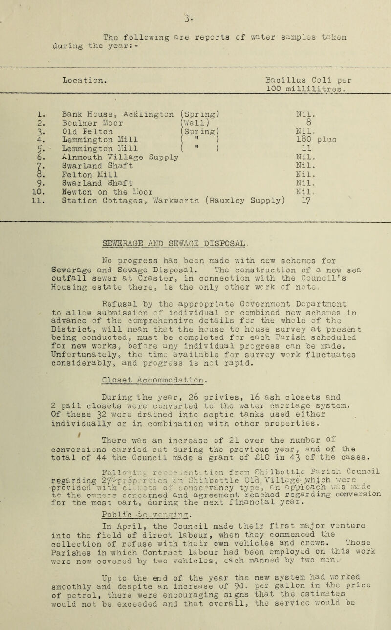 3- The following are reports of water samples taken during the year- 1. 2. 3- 4. 5- 6. 7- 8. 9. 10. n. Location. Bacillus Coli 100 millilitre Bank House, Beulmer Moor Old Belton Lemmington Mill Lemmington Mill Alnmouth Village Supply Swarland Shaft Belton Mill Swarland Shaft Newton on the Moor Station Cottages, Warkwor th Nil. 8 Nil. l80 plus 11 Nil. Nil. Nil. Nil. Nil. (Hauxley Supply) 17 Arlington (Spring) (Well) Spring) per s. SEWERAGE AND SEWAGE DISPOSAL, No progress has been made with new schemes for Sewerage and Sewage Disposal. The construction of a nev/ sea outfall sewer at Craster, in connection with the Council’s Housing estate there, is the only other work of note. Refusal by the appropriate Government Department to allow submission of individual or combined new schemes in advance of the comprehensive details for the whole of the District, will mean that the house to house survey at present being conducted, must be completed for each Parish scheduled for new works, before any individual progress can be made. Unfortunately, the time available for survey work fluctuates considerably, and progress is not rapid. Closet Accommodation. During the year, 26 privies, l6 ash closets and 2 pail closets were converted to the water carriage system. Of these 3* 2 were drained into septic tanks used either individually or in combination with other properties. There was an increase of 21 over the number of conversions carried cut during the previous year, and of the total of 44 the Council made a grant of £10 in 43 of the cases. Po.l lowing represent:, t ion from Shilbottle Par ism Council regarding ^'•'properties in Shilbottle Old. Vilia-ge- .which were ■provided with closets of conservancy type'-, an ap'pboach was made tc the owners concerned and agreement reached regarding conversion for the most oart, during the next financial year. Public -Be..:vending. ■ . *i ■ ... im, — ■ -»-«■ In April, the Council made their first major venture into the field of direct labour, when they commenced the collection of refuse with their own vehicles and crews. Those Parishes in ■which Contract labour had been employed on this work were now covered by two vehicles, each manned by two men. Up to the end of the year the new system had worked smoothly and despite an increase of 9d. per gallon in the price of petrol, there were encouraging signs that the estimates would not be exceeded and that overall, the service would be
