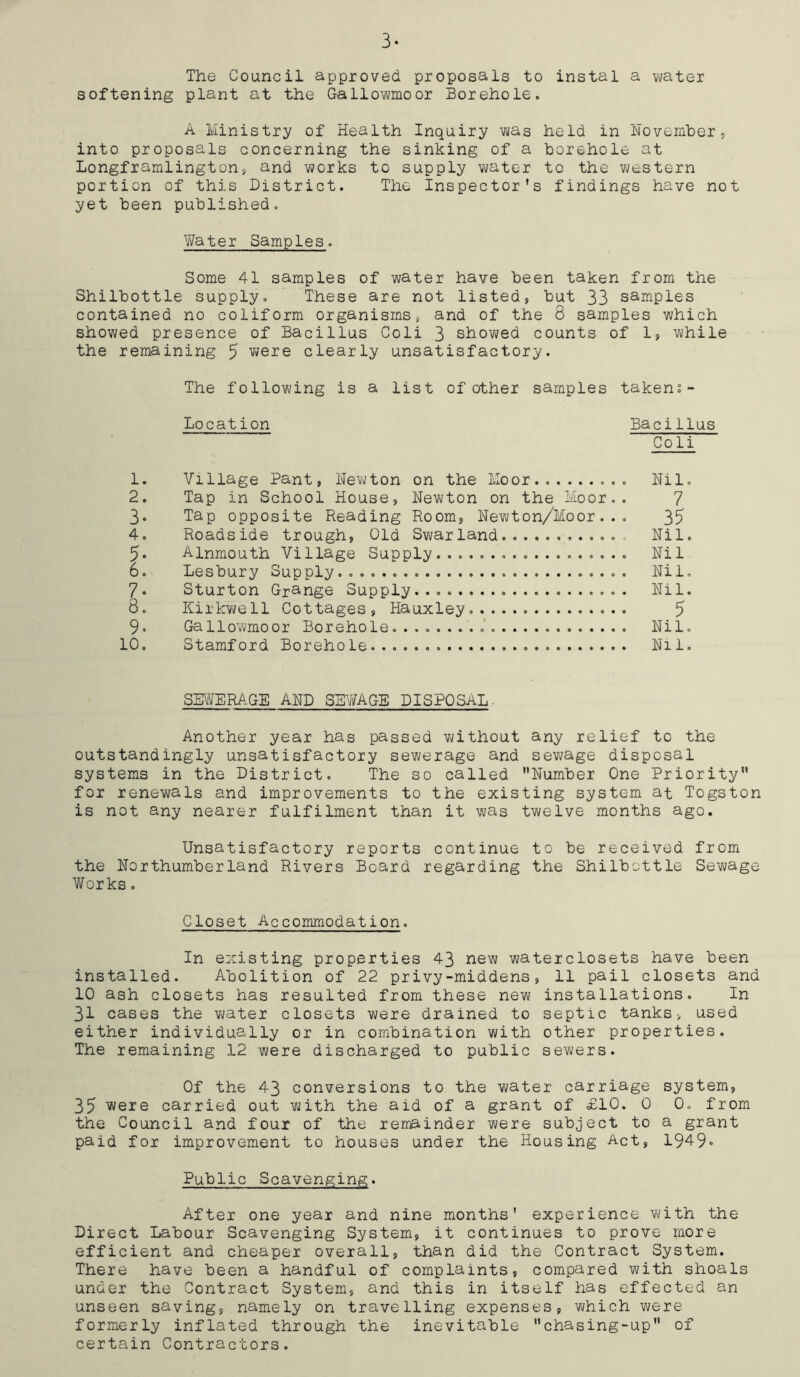 3- The Council approved proposals to instal a water softening plant at the Gallowmoor Borehole. A Ministry of Health Inquiry was held in November, into proposals concerning the sinking of a borehole at Longframlington, and works to supply water to the western portion of this District. The Inspector's findings have not yet been published. Water Samples. Some 41 samples of water have been taken from the Shilbottle supply. These are not listed, but 33 samples contained no coliform organisms, and of the 8 samples which showed presence of Bacillus Coli 3 showed counts of 1, while the remaining 5 were clearly unsatisfactory. The following is a list of other samples taken?- Location Bacillus Coli 1. Village Pant, Newton on the Moor Nil. 2. Tap in School House, Newton on the Moor.. 7 3* Tap opposite Reading Room, Newton/Moor... 35 4. Roadside trough, Old Swarland . Nil. 5* Alnmouth Village Supply....... Nil 6. Lesbury Supply.. Nil. 7* Sturton Grange Supply Nil. 8. Kirkwe 11 Cottages, Hauxley. 5 9. Gallowmoor Borehole.......... Nil. 10. Stamford Borehole... Nil. SEWERAGE AND SEWAGE DISPOSAL Another year has passed without any relief to the outstandingly unsatisfactory sewerage and sewage disposal systems in the District. The so called Number One Priority for renewals and improvements to the existing system at Togston is not any nearer fulfilment than it was twelve months ago. Unsatisfactory reports continue to be received from the Northumberland Rivers Board regarding the Shilbottle Sewage Works. Closet Accommodation. In existing properties 43 new waterclosets have been installed. Abolition of 22 privy-middens, 11 pail closets and 10 ash closets has resulted from these new installations. In 31 cases the water closets were drained to septic tanks, used either individually or in combination with other properties. The remaining 12 were discharged to public sewers. Of the 43 conversions to the water carriage system, 35 were carried out with the aid of a grant of £10. 0 0. from the Council and four of the remainder were subject to a grant paid for improvement to houses under the Housing Act, 1949» Public Scavenging. After one year and nine months' experience with the Direct Labour Scavenging System, it continues to prove more efficient and cheaper overall, than did the Contract System. There have been a handful of complaints, compared with shoals under the Contract System, and this in itself has effected an unseen saving, namely on travelling expenses, which were formerly inflated through the inevitable chasing-up of certain Contractors.