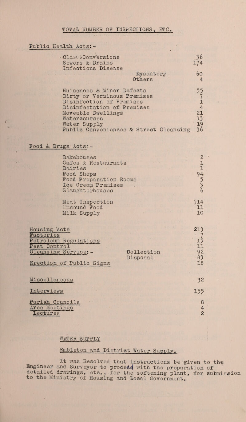 TOTAL NUMBER OP INSPECTIONS, ETC. Public Health. Acts:- •Clcnet Conversions 36 Sewers & Drains 174 Infections Disease Dysentery 60 Others 4 Nuisances & Minor Defects 35 Dirty or Verminous Premises ~] Disinfection of Premises 1 Disinfestation of Premises 4 Moveable Dwellings 21 Watercourses 13 Water Supply 19 Public Conveniences & Street Cleansing 36 Pood & Drugs Acts:- Bakehouses 2 • Cafes & Restaurants 1 Dairies 1 Pood Shops 94 Pood Preparation Rooms 3 Ice Cream Premises 3 Slaughterhouses 6 Meat Inspection 514 hiieound Pood 11 Milk Supply 10 Housing Acts 213 Factories 7 Petroleum Regulations 15 Pest Control 11 Cleansing Service:- Collection 92 Disposal 83 Erection of Public Signs 18 Miscellaneous 3 2 Interviews 155 Parish Councils • 8 Area Meetings 4 Lectures 2 WATER SUPPLY Embleton and District 'Water Supply. It was Resolved that instructions be given to thp Engineer and Surveyor to proce&4 with the preparation of detailed^drawings. etc., for the softening plant, for submission to the Ministry of Housing and Local Government.