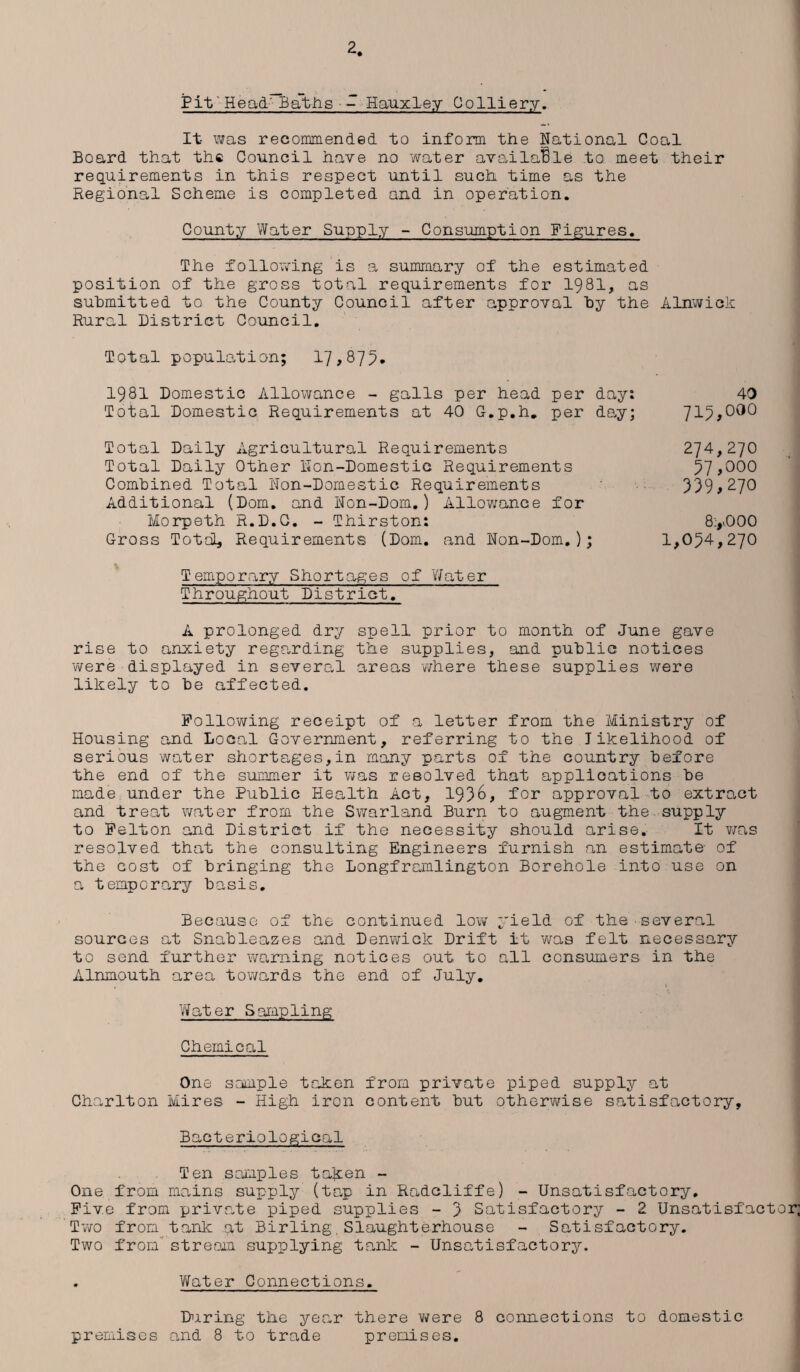 Pit Head' Baths - Hauxl-ey Colliery. It was recommended to inform the National Coal Board that the Council have no water available to meet their requirements in this respect until such time as the Regional Scheme is completed and in operation. County Water Supply - Consumption Figures. The following is a summary of the estimated position of the gross total requirements for 1981, as submitted to the County Council after approval by the Alnwick Rural District Council. Total population; 17,875* 1981 Domestic Allowance - galls per head per day: 40 Total Domestic Requirements at 40 G.p.h. per day; 7^-5^000 Total Daily Agricultural Requirements Total Daily Other Eon-Domestic Requirements Combined Total Eon-Domestic Requirements Additional (Dorn, and Eon-Dom.) Allowance for Morpeth R.D.C. - Thirston: Gross Total, Requirements (Dorn, and Eon-Dom. ); 274.270 57,000 339.270 8:, >000 1,054,270 Temporary Shortages of 'Water Throughout District. A prolonged dry spell prior to month of June gave rise to anxiety regarding the supplies, and public notices were displayed in several areas where these supplies were likely to be affected. Following receipt of a letter from the Ministry of Housing and Local Government, referring to the likelihood of serious water shortages,in many parts of the country before the end of the summer it was resolved that applications be made under the Public Health Act, 1936, for approval to extract and treat water from the Swarland Burn to augment the supply to Felton and District if the necessity should arise. It was resolved that the consulting Engineers furnish an estimate of the cost of bringing the Longframlington Borehole into use on a temporary basis. Because of the continued low yield of the several sources at Snableazes and Denwick Drift it was felt necessary to send further warning notices out to all consumers in the Alnmouth area towards the end of July. Water Sampling Chemical One sample taken from private piped supply at Charlton Mires - High iron content but otherwise satisfactory. Bacteriological Ten samples taken - One from mains supply (tap in Radcliffe) - Unsatisfactory. Five from private piped supplies - 5 Satisfactory - 2 Unsatisfactory Two from tank at Birling,Slaughterhouse - Satisfactory. Two from” stream supplying tank - Unsatisfactory. . V/ater Connections. During the year there were 8 connections to domestic premises and 8 to trade premises.