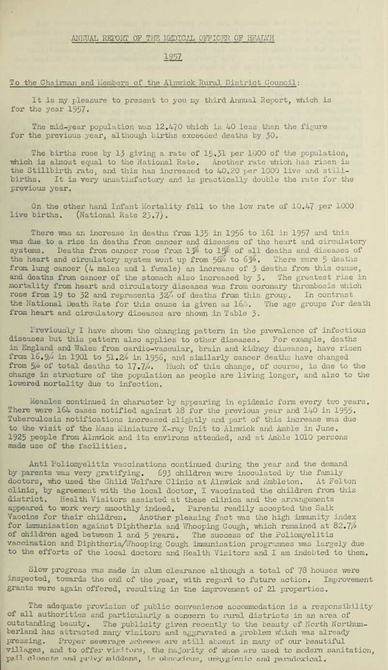 ANNUAL REPORT OP THE MEDICAL OFFICER OP HEALTH 1957 To the Chairman and Members of the Alnwick Rural District Council: It is my pleasure to present to you my third Annual Report, which is for the year 1957• The mid-year population was 12.4-70 which is 40 less than the figure for the previous year, although births exceeded deaths by 30. The births rose by 13 giving a rate of 15*31 per 1000 of the population, which is almost equal to the National Rate. Another rate which has risen is the Stillbirth rate, and this has increased to 40.20 per 1000 live and still- births. It is very unsatisfactory and is practically double the rate for the previous year. On the other hand Infant Mortality fell to the low rate of 10.47 per 1000 live births. (National Rate 23.7). There was an increase in deaths from 135 in 195& 1° l6l in 1957 and this was due to a rise in deaths from cancer and diseases of the heart and circulatory systems. Deaths from cancer rose from 1 to of all deaths and diseases of the heart and circulatory system went up from 5@7° to 6j$. There were 5 deaths from lung cancer (4 males and 1 female) an increase of 3 deaths from this cause, and deaths from cancer of the stomach also increased by 3» The greatest rise in mortality from heart and circulatory diseases v/as from coronary thrombosis which rose from 19 to 32 and represents 32/7 of deaths from this group. In contrast the National Death Rate for this cause is given as 16,4. The age groups for death from heart and circulatory diseases are shown in Table 3« Previously I have shown the changing pattern in the prevalence of infectious diseases but this pattern also applies to other diseases. For example, deaths in England and Wales from cardio-vascular, brain and kidney diseases, have risen from 16.9/j in 1901 to 51«2^ in 195^? and similarly cancer deaths have changed from 5/o of total deaths to 17.7/n Much of this change, of course, is due to the change in structure of the population as people are living longer, and also to the lowered mortality due to infection. Measles continued in character by appearing in epidemic form every two years. There were 164 cases notified against 18 for the previous year and 140 in 1955. Tuberculosis notifications increased slightly and part of this increase was due to the visit of the Mass Miniature X-ray Unit to Alnwick and Amble in June. 1925 people from Alnwick and its environs attended, and a.t Amble 1010 persons made use of the facilities. Anti Poliomyelitis vaccinations continued during the year and the demand by parents was very gratifying. 693 children were inoculated by the family doctors, who used the Child 'Welfare Clinic at Alnwick and Embleton. At Felton clinic, by agreement with the local doctor, I vaccinated the children from this district. Health Visitors assisted at these clinics and the arrangements appeared to work very smoothly indeed. Parents readily accepted the Salk Vaccine for their children. Another pleasing fact v/as the high immunity index for Immunisation against Diphtheria and Whooping Cough, v/hich remained at 82.7/a of children aged between 1 and 5 years. The success of the Poliomyelitis vaccination and Diphtheria/Whooping Cough immunisation programmes v/as largely due to the efforts of the local doctors and Health Visitors and I am indebted to them. Slow progress was made in slum clearance although a total of 78 houses were inspected, tov/ards the end of the year, with regard to future action. Improvement grants v/ere again offered, resulting in the improvement of 21 properties. The adequate provision of public convenience accommodation is a responsibility of all authorities and particularly a concern to rural districts in an area of outstanding beauty. The publicity given recently to the beauty of North Northum- berland has attracted many visitors and aggravated a problem which v/as already pressing. Proper sewerage schemes are still absent in many of our beautiful villages, and to offer visitors, the major! Ty of whom are used to modern sanitation, pa A closets and. pi- Ivy middens, is obnoxious, unhygienic and paradoxical.