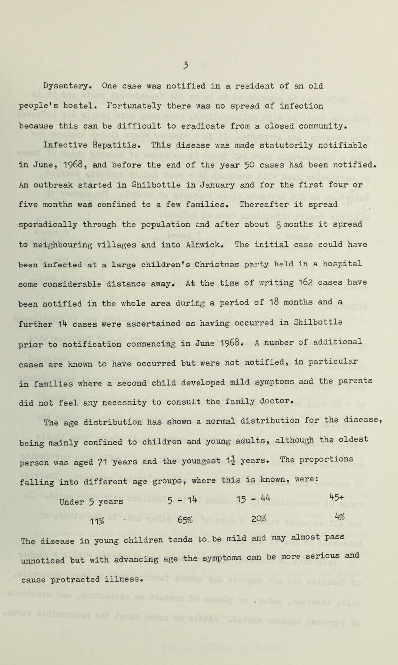 Dysentery. One case was notified in a resident of an old people's hostel. Fortunately there was no spread of infection because this can be difficult to eradicate from a closed community. Infective Hepatitis. This disease was made statutorily notifiable in June, 1968, and before the end of the year 50 cases had been notified. An outbreak started in Shilbottle in January and for the first four or five months was confined to a few families. Thereafter it spread sporadically through the population and after about 8 months it spread to neighbouring villages and into Alnwick. The initial case could have been infected at a large children’s Christmas party held in a hospital some considerable distance away. At the time of writing 162 cases have been notified in the whole area during a period of l8 months and a further l4 cases were ascertained as having occurred in Shilbottle prior to notification commencing in June 1968. A number of additional cases are known to have occurred but were not notified, in particular in families where a second child developed mild symptoms and the parents did not feel any necessity to consult the family doctor. The age distribution has shown a normal distribution for the disease, being mainly confined to children and young adults, although the oldest person was aged 71 years and the youngest 1-g- years. The proportions falling into different age groups, where this is known, were: Under 5 years 5 - 14 15 - 44 45+ 11 % 65% 2cy/o The disease in young children tends to. be mild and may almost pass unnoticed but with advancing age the symptoms can be more serious and cause protracted illness.