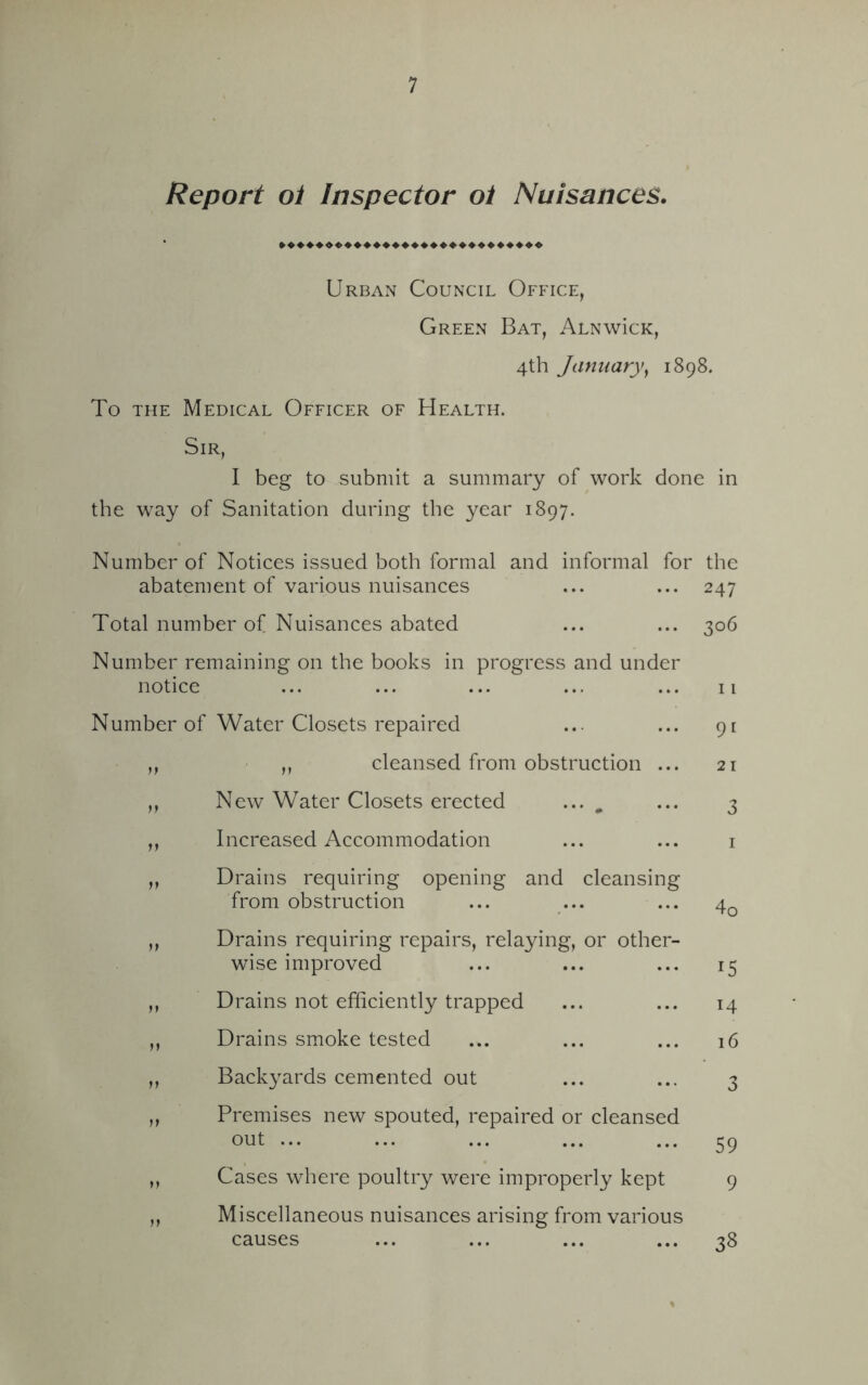 Report oi Inspector ot Nuisances. Urban Council Office, Green Bat, ALNwicK, 4th January, 1898. To the Medical Officer of Health. Sir, I beg to submit a summary of work done in the way of Sanitation during the year 1897. Number of Notices issued both formal and informal for the abatement of various nuisances ... ... 247 Total number of Nuisances abated ... ... 306 Number remaining on the books in progress and under notice ... ... ... ... ... 11 Number of Water Closets repaired „ ,, cleansed from obstruction ... ,, New Water Closets erected ... , ,, Increased Accommodation ,, Drains requiring opening and cleansing from obstruction ,, Drains requiring repairs, relaying, or other- wise improved ,, Drains not efficiently trapped ,, Drains smoke tested ,, Backyards cemented out ,, Premises new spouted, repaired or cleansed out ... „ Cases where poultry were improperly kept ,, Miscellaneous nuisances arising from various causes 9i 21 3 40 *5 14 16 3 59 9 38