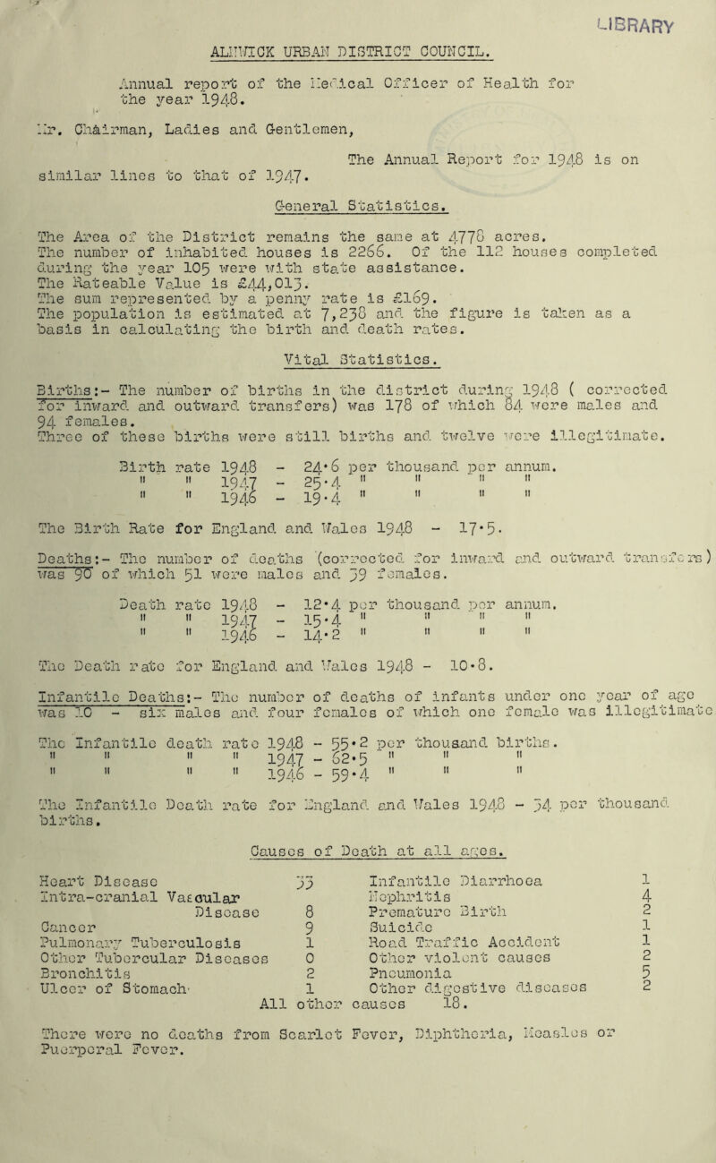 ALNWICK URBAN DISTRICT COUNCIL. UBRARV Annual report of the lie Li cal Officer of Health for the year 1943. Hr. Chairman, Ladies and Gentlemen, The Annual Report for 1948 is on similar lines to that of 1947* General Statistics. The Area of the District remains the sane at 4773 acres. The number of inhabited houses is 2266. Of the 112 houses completed during the year 105 were with state assistance. The Rateable Value is £44 >013 • The sum represented by a penny rate is £169. The population is estimated at 7>238 and the figure is taken as a basis in calculating the birth and death rates. Vital Statistics. Births:- The number of births in the district during 1943 ( corrected for inward and outward transfers) was 178 of which 84 were males and 94 females. Three of these births were still births and twelve were illegitimate. Birth rate 1948 - 24*6 per thousand per annum. 11  19 A7 - 25 ‘A  11 11  11 11 1946 - 19-4     The Birth Rate for England and Wales 1948 - 17*5* Deaths:- The number of deaths (corrected for inward and outward transfers) was’ 90 ef which 51 were males and 99 females. The Death rate for England and Hales 1948 - 10*3. ! 19A8 1947 1946 England an< The number ;s and four 1 rate 19A8 11 1947 ii 1946 1 rate for ; The Infantile death rate 1948 ~ 55*2 per thousand births. births. Heart Disease Intra-cranial Vascular Disease Cancer Pulmonary Tuberculosis Other Tubercular Diseases Bronchitis Ulcer of Stomach' Causes of Death at all ages. 83 8 9 1 0 2 1 Infantile Diarrhoea Nephritis Premature Birth Suicide Road Traffic Accident Other violent causes Pneumonia Other digestive diseases All other causes 'SB 1 4 2 1 1 2 5 2 There were no deaths from Scarlet Fever, Diphtheria, Keaslos or Puerperal Fever.