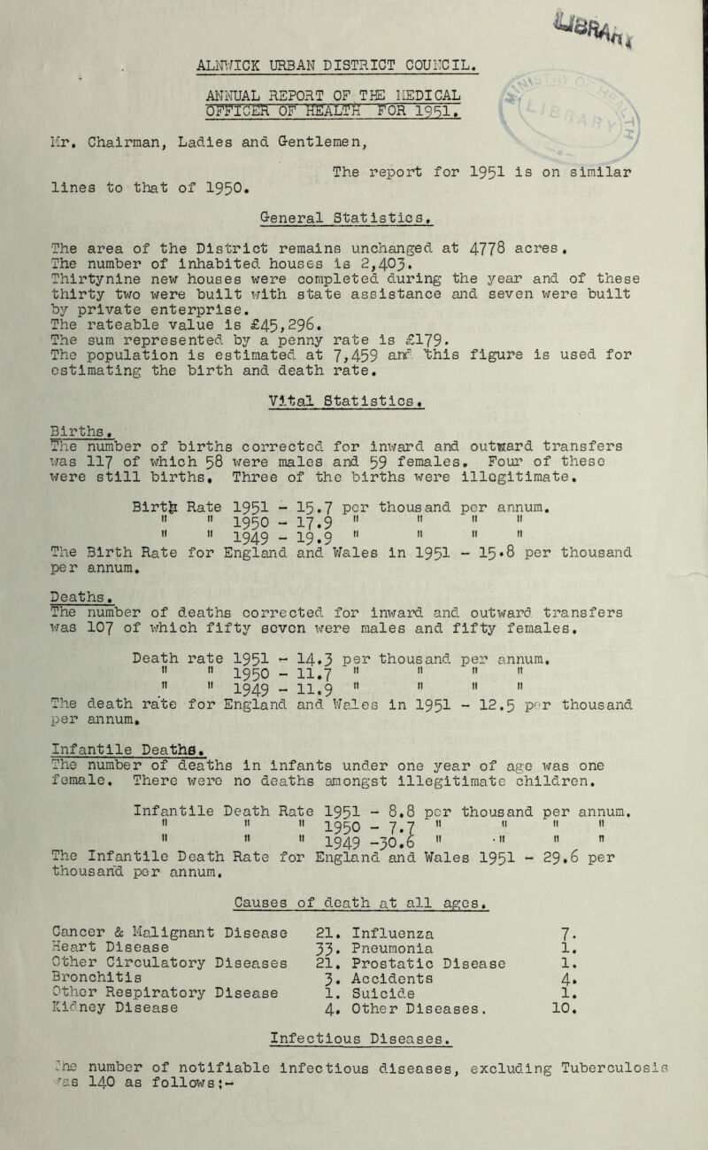 ALNWICK URBAN DISTRICT COUNCIL. ANNUAL REPORT OE THE IIEDICAL officer of health for 1951» Mr, Chairman, Ladies and Gentlemen, The report for 1951 is on similar lines to that of 1950* General Statistics, The area of the District remains unchanged at 4778 acres. The number of inhabited houses is 2,403* Thirtynine new houses were completed during the year and of these thirty two were built with state assistance and seven were built by private enterprise. The rateable value is £45?296. The sum represented by a penny rate is £179* The population is estimated at 7,459 and 'this figure is used for estimating the birth and death rate. Vital Statistics, Births. The number of births corrected for inward and outward transfers was 117 of which 58 were males and 59 females. Four of these were still births. Three of the births were illegitimate. Birtfr Rate 1951 - 15*7 por thousand per annum. 11  1950 - 17.9    11  11 1949 - I9.9 ri    The Birth Rate for England and Wales in 1951 - 15*8 per thousand per annum. Deaths. The number of deaths corrected for inward and outward transfers was 107 of which fifty seven were males and fifty females. Death rate 1951 14*3 Per thousand per annum. n n 1950 - 11.7 - 11 11    1949 - 11,9 n    The death rate for England and Wales in 1951 - 12.5 Por thousand per annum. Infantile Deaths, The number of deaths in infants under one year of age was one female. There were no deaths amongst illegitimate children. Infantile Death Rate 1951 “ 8.8 per thousand per annum. n 11  1950 - 7.7 n 11 11   ”  1949 -30!6  •  n The Infantile Death Rate for England and Wales 1951 ~ 29.6 per thousand per annum. Causes of death at all ages. Cancer & Malignant Disease 21. Influenza 7. Heart Disease 33* Pneumonia 1. Other Circulatory Diseases 21, Prostatic Disease 1. Bronchitis 3. Accidents 4. Other Respiratory Disease 1. Suicide 1. Kidney Disease 4* Other Diseases. 10. Infectious Diseases. jne number of notifiable infectious diseases, excluding Tuberculosis ••'ras 140 as follows;-