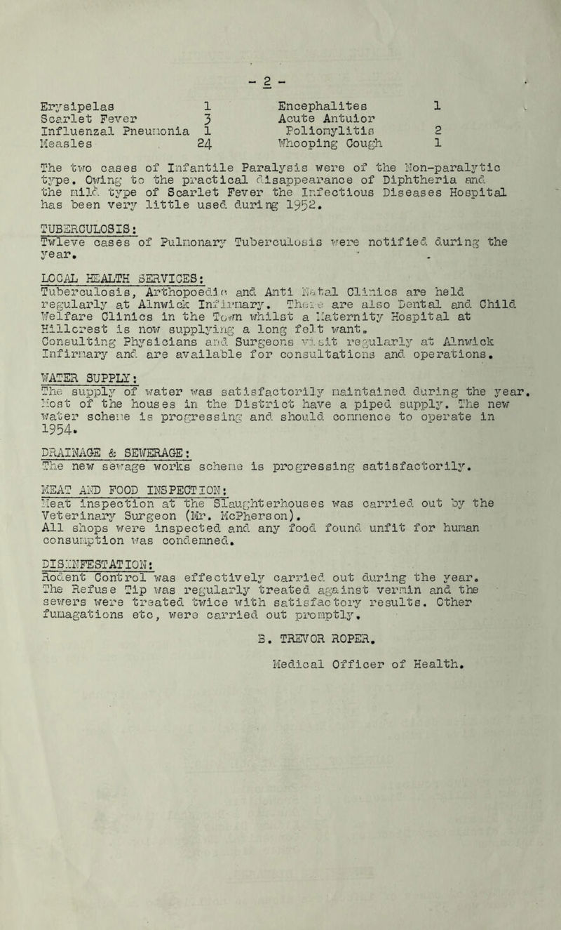 Erysipelas 1 Scarlet Fever 3 Influenzal Pneumonia 1 Measles 24 Encephalites 1 Acute Antuior Polionylitis 2 Whooping Cough 1 The two cases of Infantile Paralysis were of the Non-paralytic type. Owing to the practical disappearance of Diphtheria and the mild type of Scarlet Fever the Infectious Diseases Hospital has been very little used, during 1952* TUBERCULOSIS: Twleve cases of Pulmonary Tuberculosis were notified during the year, LOCAL HEALTH SERVICES; Tuberculosis, Arthopoedi<»• and Anti Natal Clinics are held regularly at Alnwick Infirmary. There are also Dental and Child Welfare Clinics in the Town whilst a Maternity Hospital at Hillcrest is now supplying a long felt want. Consulting Physicians and Surgeons visit regularly at Alnwick Infirmary and are available for consultations and operations. WATER SUPPLY: The supply of water was satisfactorily maintained during the year. Most of the houses in the District have a piped supply. The new water scheme is progressing and should commence to operate in 1954. DRAINAGE & SEWERAGE: The new sewage works scheme is progressing satisfactorily. MEAT AND FOOD INSPECTION: Meat inspection at the Slaughterhouses was carried out by the Veterinary Surgeon (Mr. McPherson). Ail shops were inspected and any food found unfit for human consumption was condemned., DISINFESTATION: Rodent Control was effectively carried out during the year. The Refuse Tip was regularly treated against vermin and the sewers were treated twice with satisfactory results. Other funagations etc, were carried out promptly, B. TREVOR ROPER. Med.ical Officer of Health