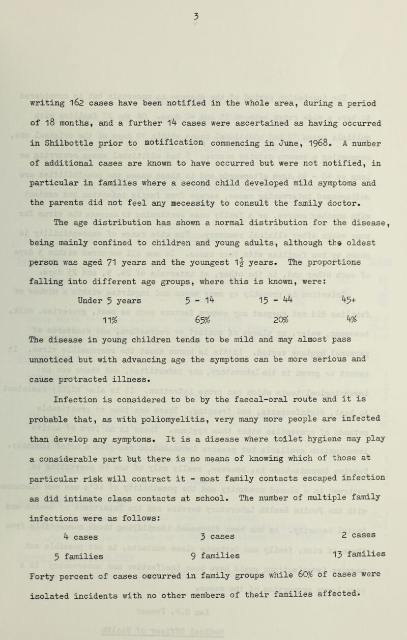 writing 162 cases have been notified in the whole area, during a period of 18 months, and a further l4 cases were ascertained as having occurred in Shilbottle prior to notification commencing in June, 1968. A number of additional cases are known to have occurred but were not notified, in particular in families where a second child developed mild symptoms and the parents did not feel any necessity to consult the family doctor. The age distribution has shown a normal distribution for the disease, being mainly confined to children and young adults, although tbs oldest person was aged 71 years and the youngest 1-J years. The proportions falling into different age groups, where this is known, were: Under 5 years 5*“1^ 15 “ ^ ^5+ 11# 65% 20% k% The disease in young children tends to be mild and may almost pass unnoticed but with advancing age the symptoms can be more serious and cause protracted illness. Infection is considered to be by the faecal-oral route and it is probable that, as with poliomyelitis, very many more people are infected than develop any symptoms. It is a disease where toilet hygiene may play a considerable part but there is no means of knowing which of those at particular risk will contract it - most family contacts escaped infection as did intimate class contacts at school. The number of multiple family infections were as follows: k cases 3 cases 2 cases 5 families 9 families 13 families Forty percent of cases occurred in family groups while 60% of cases were isolated incidents with no other members of their families affected.