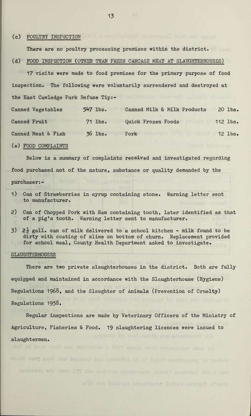 (c) POULTRY INSPECTION There are no poultry processing premises within the district. (d) FOOD INSPECTION (OTHER THAN FRESH CARCASE MEAT AT SLAUGHTERHOUSES) 17 visits were made to food premises for the primary purpose of food inspection. The following were voluntarily surrendered and destroyed at the East Cawledge Park Refuse Tip:- Canned Vegetables 5^+7 lbs. Canned Milk & Milk Products 20 lbs. Canned Fruit 71 lbs. Quick Frozen Foods 112 lbs. Canned Meat & Fish 36 lbs. Pork 12 lbs. (e) FOOD COMPLAINTS Below is a summary of complaints received and investigated regarding food purchased not of the nature, substance or quality demanded by the purchaser 1) Can of Strawberries in syrup containing stone. Warning letter sent to manufacturer. 2) Can of Chopped Pork with Ham containing tooth, later identified as that of a pig's tooth. Warning letter sent to manufacturer. 3) 2? gall, can of milk delivered to a school kitchen - milk found to be dirty with coating of slime on bottom of churn. Replacement provided for school meal, County Health Department asked to investigate. SLAUGHTERHOUSES There are two private slaughterhouses in the district. Both are fully equipped and maintained in accordance with the Slaughterhouse (Hygiene) Regulations 1968, and the Slaughter of Animals (Prevention of Cruelty) Regulations 1938. Regular inspections are made by Veterinary Officers of the Ministry of Agriculture, Fisheries & Food. 19 slaughtering licences were issued to slaughtermen.