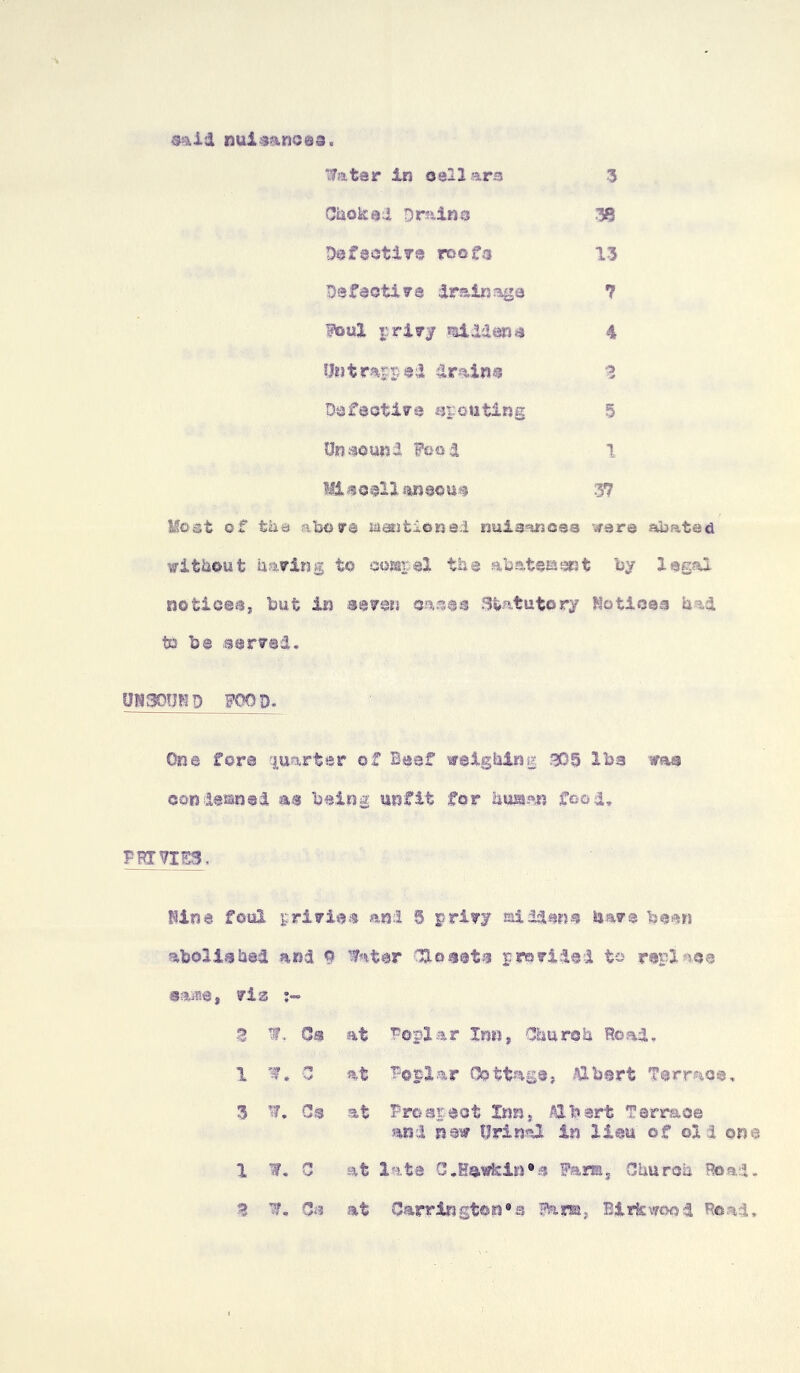 said nuisances. Water In cellars 3 Choked Drains 38 Defective roofs 13 Dsfact!vs drainage 7 Foul privy Gillens 4 Hwt rap pad drain« 3 Defective upouting 5 Unsound Food 1 HlueoH.ansoue 37 Most of the above mentioned nuisaaoee were abated without baring to compel the abatement by legal notices, but in seven cases .statutory Notices a ad to be served. unsound food. One fore quarter of Beef weighing 3D5 Iba -ms con doomed m being unfit for hm&>n food, FRX VIS3. Nine foul privies and 5 privy Biddenu have been abolished and o Water Ho nets provided to repl *ue saiTis, rig :- 3 1 3 1 3 W. Cs at Fepl&r Inn, Church Road. W, 0 at T-oplar Cottage, Albert Terrace, W. Cs at Prospect Inn, Albert Terrace and nm Urinal In lieu of ol 1 one W, C at late CJ£*Wfcin*a Farm, Church Road - W* Cs at Carrington's Farm, Birfcwood Read,