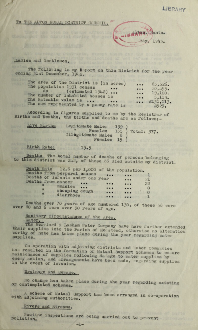 LIBRARY TO T .£ ALTON .Ladies and Gentle >en. The folio.,ing is my R port on this District i’or the year ending 31st December, 1942. The area of the District is (in acres) he population I93I census ... do (estimated 1942) ... The number of inhabited houses is The Rateable value is ... The sum repiesented by a penny rate is • • • • • • • • • • • • • • • 69,926. -?499. 19,100. 9,113. £131,113. £329. Q. .K^ocoi’dingAJ0 fiSiwes supplied to me by the Registrar of iirths and Deaths, the births and deaths arc as follows;- Live Births Birth Rate; 199 ) 193 ) legitimate Male., Females 193 ) Total: 377. Illegitimate Males 8 ) Females 13 ) 19.3 Deaths The total number of deaths of persons belonging to this district was 242, of these d6 died outside my diStrict. Death ate 12.6 per 1,000 of the population. Deaths from perperal causes ... ... i Deaths 01 infants under one year Deaths from cancer H measles whooping cough • • i • • diarrhoea • • • • • • • • • • • • ; 1 22 0 0 1 over DnU«n? ^VCr 70 yeara of a^e numbered 130, of these 38 were over 80 and 6 ..ere over 90 years of age. Sanitary Circumstances of the ,Lrea. 'water. The 4eri iard & Lasham .ater Company have have further extended Jor^o^note >nt°tthe *a'lah 0t' iie *%“*’ otherwise1 no alteration sup lies! “*8 tt“Cen place durlng the year regarding water ne°,T??^a90?Kl'ith adJ°inlng districts and .ater Companies : le-slted in the lormution of Mutual Support Schemes to en ure maintenance of supplies following da age to water supplies by ir^eaeven^ofn?nvasiolen’enta ^ be'n 1ade* r«« applies Drainage and dew a if c. or contemplatud^schenes? Pla°e th° year regardln« exlatlng with adJoinlng°authorltlesfPOrt ^ bee arranSed in oo-operatlon Rivers and Streams. pollution^116 inSpe°tl0nS are beln« ourried out to prevent -1-