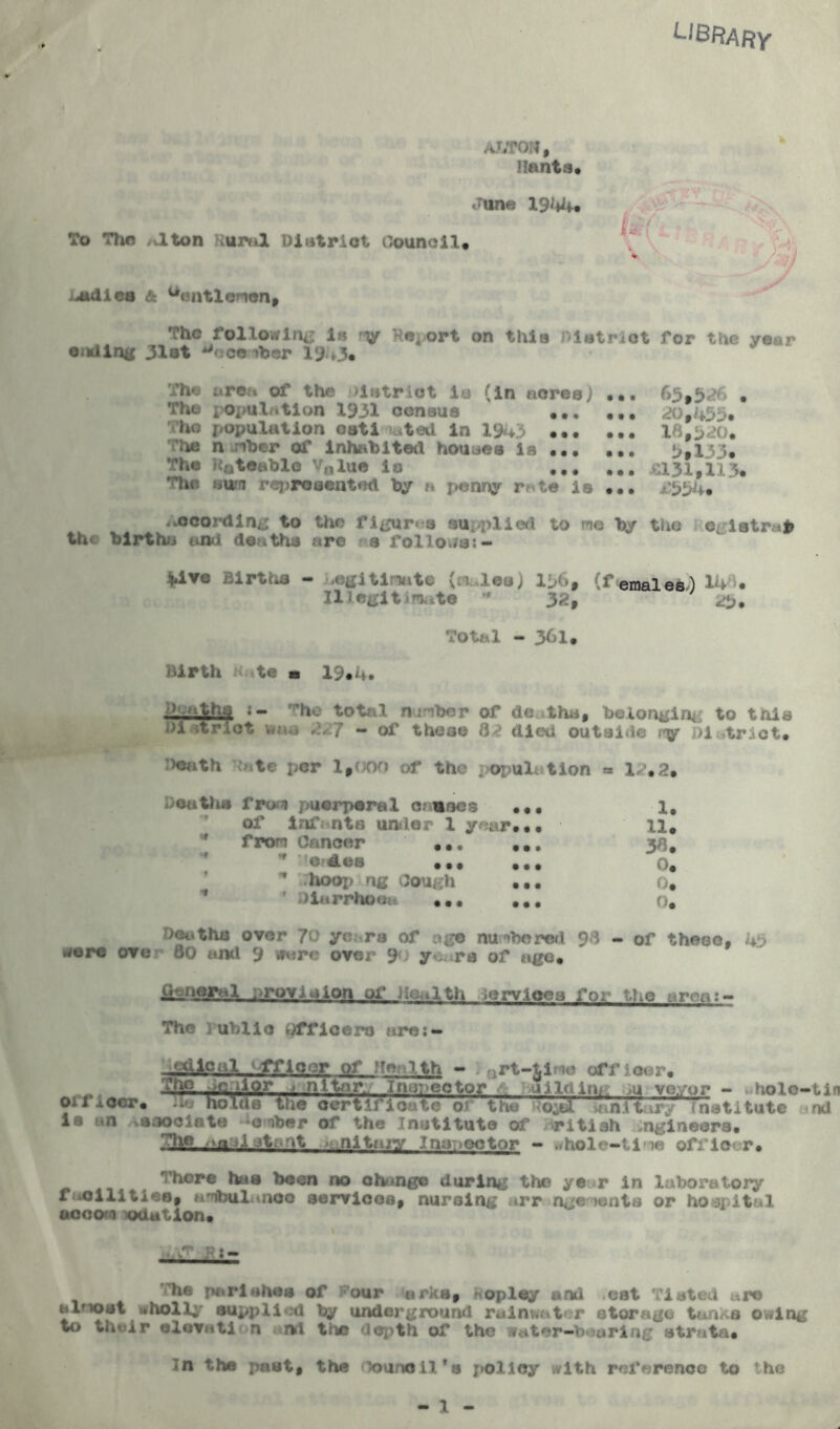 library ALTON, Hants* <'una 191*4. To The .vlton iuml District Council. wadies ft Gentlemen, The following is v Report on this District for the year ending 31st ^eceiber 1943. The area of the >latriot la (in aores) •«. The population 1931 census ... ho population oatl luted in 19<o ... ••• Jie n Tiber of inhabited houses is The Rateable Vnlue io The sum represented by a penny r te is ••• 65*326 . 2t> ,433. 15,520. 5*133« £131,113. £554. .ojeording to the figures supplied to me by the e. Istrip th< births and deaths arc 9 follows:- Uve Births - Legit last e (wales) 156, (females.) 145. Illegitimate ' 32, Total - 361. Birth te a 19.4. :) ^tha i- ’ho total number of deaths, belonging to tala i>i strict wm4 *-^ / — of these 82 died outside J>1 tr. ct. >cath tc ijcr 1,000 of the popul tion « 12.2. Deaths frcun puerperal onuses ... 1. of infants under 1 year... 11. from Cancer ... ... 3a. *- j.' . ... .«• 0. ’ hoop rig Cough ... 0. Diarrhoea 0. Deaths over 70 years of age numbered 98 - of theoe, 44j were over 50 «ntl 9 were over 90 years of age. linnerrl.provision of Health icrvicca fo: ’he art's:- The ; ublio offleers are: — itilcal ffloor of ?re ith - jQrt-$ime officer. _ The .cnlor , nltar.; Inspector £ sliding >u veyur - whole-tin Olfaocr. holds the oertifioate of the Uo-tlITnitary institute nd is an ssoclete *0 iber of the Institute of British engineers. The an 31 jtant . nittuy Inspector - whole-time offic* r. Inhere has been no change during the ye *r in laboratory f cilitieo, 1 'ibul nice services, nursing .1 rr nje-nents or hospital acoom odution. 'he parishes of *’our arks, fcopley and eat Tisted are almost wholly supplied by underground rainwater storage tun^a owing to their elovatl n uni the depth of the water—bearing strata. In the past, the Council's policy with reference to the 1