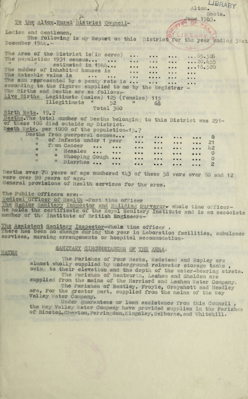 uSP-l Vo the Alton.Rural district Council- Ladies and Gentlemen, The following is ray Report on this >ecenbrr 19 * .- Alton • ^ An ;ts. 1945. r-y > N «i w .»• ? y /l; District f031 the year Ending 31st The Area of the District is( in sores) The population 1931 census estimated in 1944* • • The number of inhabit d houses is The Rateable value is ... **’. *** The sum represented by a penny rate is ’ . ’ | according to the figures supplied to me by the Registrar Vht irths and Deaths are as folloi/s?- Legitimate (males) 123 (females) 113 Illegitimate  32 n 6Q 03.326 . 13.320 Total 360 birth R ite. 19.2 Deaths.The total number of Deaths belongin of these 106 died outside my District. booth rate, per 1000 of the populations3.7 Deaths from puerperal causes... of Infants under 1 year f om Cancer *' Measles w V/hooping Cough ... Diarrhea •i •» H tl <1 to this District was 291- • • • Q 21 42 0 0 2 deaths over 70 years of age numbered 143 of these 38 were over 30 and 12 were over 90 years of age. General provisions of Health services for the area. The Public Officers are:- _edical Officer of Health -Part time officer --e- Senior sanitary Inspector and Building Surveyor*- whole time ic Lolds the certificate of the Royal Sanitary Institute and is member of th Institute of British Engineers- o, ficer- an associate Vic Assistant Sanitary Insneetor-whole time officer . There has been no change during the year in Laboration facilities, ambulance services, nursin ; arrangements or hospital accomnodation- jjANITARY CIRCUMSTANCES OF THE AREA. WATER he Parishes of Pour Marks, Medstead and Ropley are almost wholly supplied by underground rainwater storage tan s owin to their elevation and the depth of the water-bearing strata. The Parishes of Bentworth, Lasham and Shalden are supplied 1 rora tne Bains of the Ilerriard and Lasham Water Company. The Parishes of Bentley, Froyle, Grayshott and Headley arc, lor the greater part, supplied from the mains of the Wey Valley Water Company. Under guarantees or loan assistance from this Council , the Wey Valley Water Company have provided supplies in the Parishes of Blnste&,Chmvton,Farrin don,Kingsley,Selborne,and Whitehill.