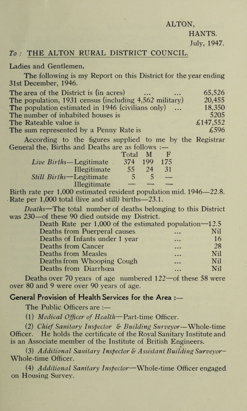 ALTON, HANTS. July, 1947. To : THE ALTON RURAL DISTRICT COUNCIL. Ladies and Gentlemen, The following is my Report on this District for the year ending 31st December, 1946. The area of the District is (in acres) ... ... 65,526 The population, 1931 census (including 4,562 military) 20,455 The population estimated in 1946 (civilians only) ... 18,350 The number of inhabited houses is 5205 The Rateable value is £147,552 The sum represented by a Penny Rate is £596 According to the figures supplied to me by the Registrar General the, Births and Deaths are as follows :— Total M F Live Births—Legitimate 374 199 175 Illegitimate 55 24 31 Still Births—Legitimate 5 5 — Illegitimate — — — Birth rate per 1,000 estimated resident population mid. 1946—22.8. Rate per 1,000 total (live and still) births—23.1. Deaths—The total number of deaths belonging to this District was 230—of these 90 died outside my District. Death Rate per 1,000 of the estimated population—12.5 Deaths from Puerperal causes ... Nil Deaths of Infants under 1 year ... 16 Deaths from Cancer ... 28 Deaths from Measles ... Nil Deaths from Whooping Cough ... Nil Deaths from Diarrhoea ... Nil Deaths over 70 years of age numbered 122—of these 58 were over 80 and 9 were over 90 years of age. General Provision of Health Services for the Area :— The Public Officers are :— (1) Medical Officer of Health—Part-time Officer. (2) Chief Sanitary Inspector & Building Surveyor—Whole-time Officer. He holds the certificate of the Royal Sanitary Institute and is an Associate member of the Institute of British Engineers. (3) Additional Sanitary Inspector & Assistant Building Surveyor- Whole-time Officer. (4) Additional Sanitary Inspector—Whole-time Officer engaged on Housing Survey.