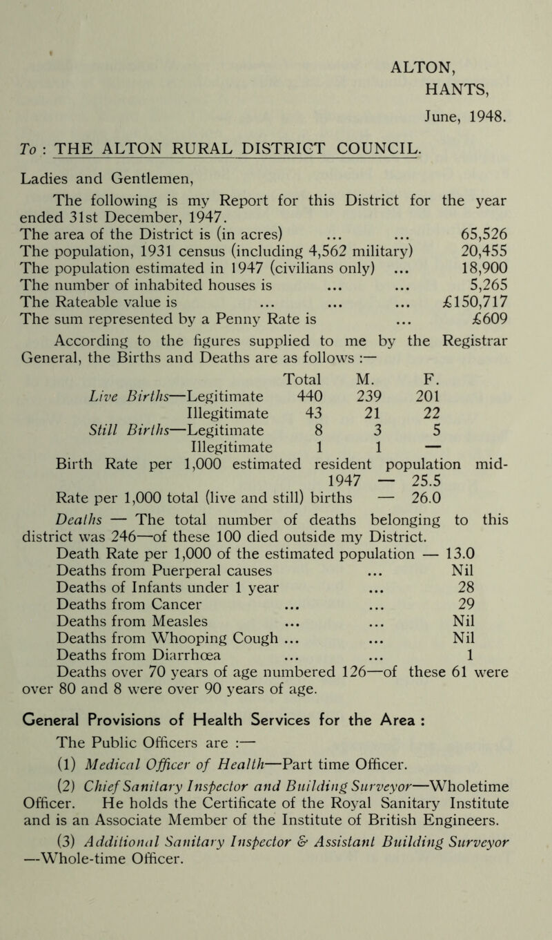 ALTON, HANTS, June, 1948. To : THE ALTON RURAL DISTRICT COUNCIL. Ladies and Gentlemen, The following is my Report for this District for the year ended 31st December, 1947. The area of the District is (in acres) ... ... 65,526 The population, 1931 census (including 4,562 military) 20,455 The population estimated in 1947 (civilians only) ... 18,900 The number of inhabited houses is ... ... 5,265 The Rateable value is ... ... ... £150,717 The sum represented by a Penny Rate is ... £609 According to the figures supplied to me by the Registrar General, the Births and Deaths are as follows Total M. F. Live Births—Legitimate 440 239 201 Illegitimate 43 21 22 Still Births—Legitimate 8 3 5 Illegitimate 1 1 — Birth Rate per 1,000 estimated resident population mid- 1947 — 25.5 Rate per 1,000 total (live and still) births — 26.0 Deaths — The total number of deaths belonging to this district was 246—of these 100 died outside my District. Death Rate per 1,000 of the estimated population — 13.0 Deaths from Puerperal causes ... Nil Deaths of Infants under 1 year ... 28 Deaths from Cancer ... ... 29 Deaths from Measles ... ... Nil Deaths from Whooping Cough ... ... Nil Deaths from Diarrhoea ... ... 1 Deaths over 70 years of age numbered 126—of these 61 were over 80 and 8 were over 90 years of age. General Provisions of Health Services for the Area : The Public Officers are :— (1) Medical Officer of Health—Part time Officer. (2) Chief Sanitary Inspector and Building Surveyor—Wholetime Officer. He holds the Certificate of the Royal Sanitary Institute and is an Associate Member of the Institute of British Engineers. (3) Additional Sanitary Inspector & Assistant Building Surveyor —Whole-time Officer.