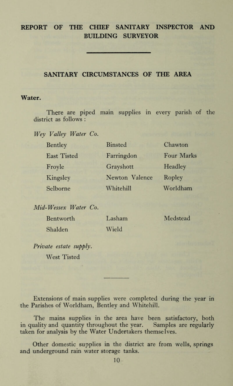REPORT OF THE CHIEF SANITARY INSPECTOR AND BUILDING SURVEYOR SANITARY CIRCUMSTANCES OF THE AREA Water. There are piped district as follows : main supplies in every parish of Wey Valley Water Co. Bentley Binsted Chawton East Tisted Farringdon Four Marks Froyle Grayshott Headley Kingsley Newton Valence Ropley Selborne Whitehill Worldham Mid-Wessex Water Co. Bentworth Lasham Medstead Shalden Wield Private estate supply. West Tisted Extensions of main supplies were completed during the year in the Parishes of Worldham, Bentley and Whitehill. The mains supplies in the area have been satisfactory, both in quality and quantity throughout the year. Samples are regularly taken for analysis by the Water Undertakers themselves. Other domestic supplies in the district are from wells, springs and underground rain water storage tanks.