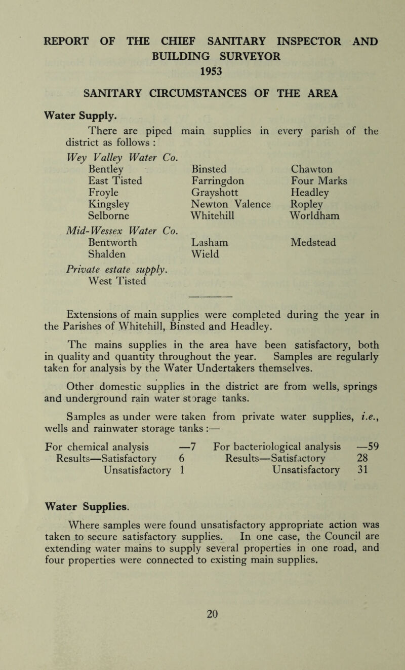 REPORT OF THE CHIEF SANITARY INSPECTOR AND BUILDING SURVEYOR 1953 SANITARY CIRCUMSTANCES OF THE AREA Water Supply. There are piped main supplies in every parish of the district as follows : Wey Valley Water Co. Bentley East Tisted Froyle Kingsley Selborne Mid-Wessex Water Co. Bentworth Shalden Private estate supply. West Tisted Extensions of main supplies were completed during the year in the Parishes of Whitehill, Binsted and Headley. The mains supplies in the area have been satisfactory, both in quality and quantity throughout the year. Samples are regularly taken for analysis by the Water Undertakers themselves. Other domestic supplies in the district are from wells, springs and underground rain water storage tanks. Samples as under were taken from private water supplies, i.e.t wells and rainwater storage tanks :— For chemical analysis —7 For bacteriological analysis —59 Results—Satisfactory 6 Results—Satisfactory 28 Unsatisfactory 1 Unsatisfactory 31 Binsted Farringdon Grayshott Newton Valence Whitehill Chawton Four Marks Headley Ropley Worldham Lasham Wield Medstead Water Supplies. Where samples were found unsatisfactory appropriate action was taken to secure satisfactory supplies. In one case, the Council are extending water mains to supply several properties in one road, and four properties were connected to existing main supplies.